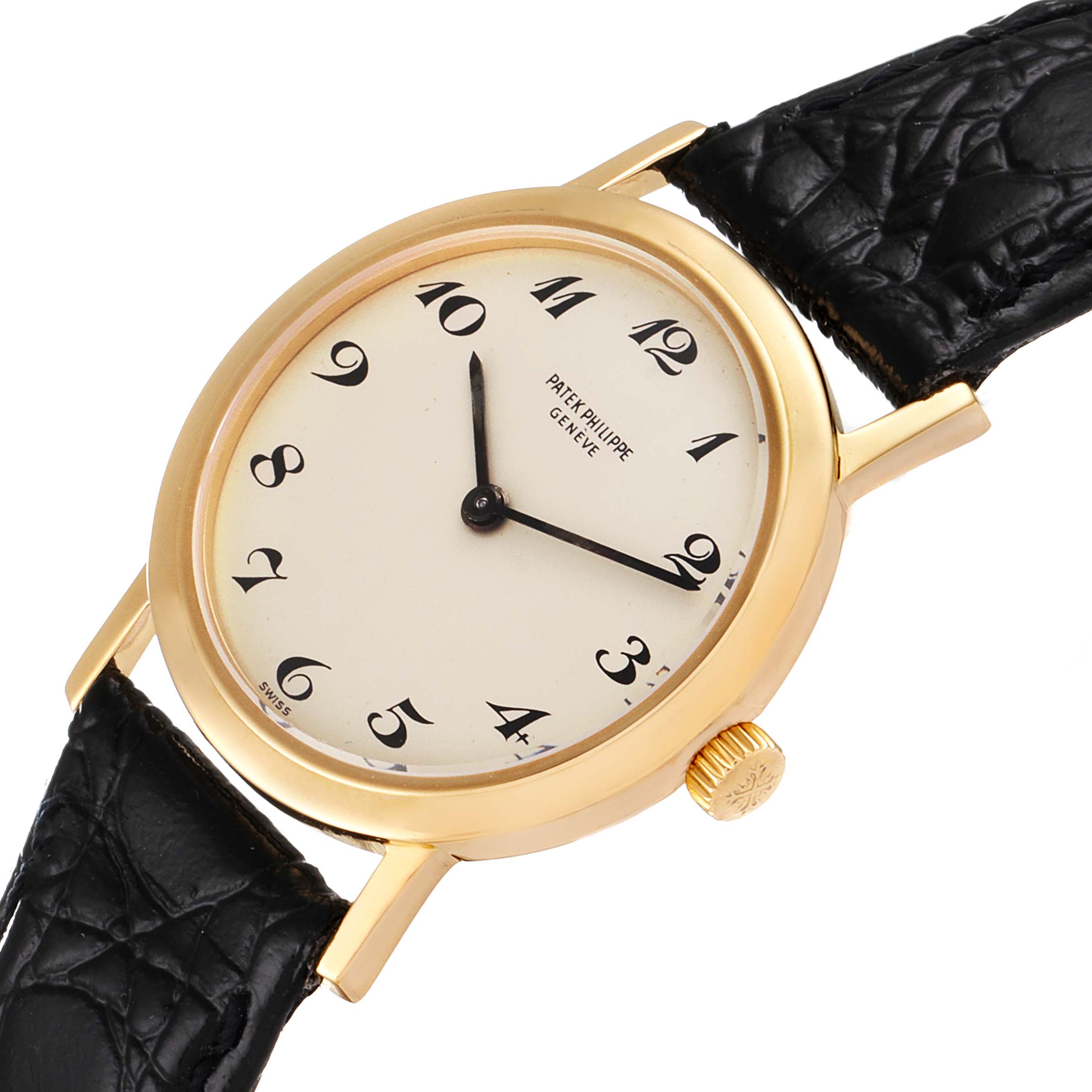 The image shows a close-up of the face, bezel, and part of the strap of a Patek Philippe Calatrava 4184J Women's Yellow Gold Silver Dial 4184J Women's Yellow Gold Silver Dial watch.