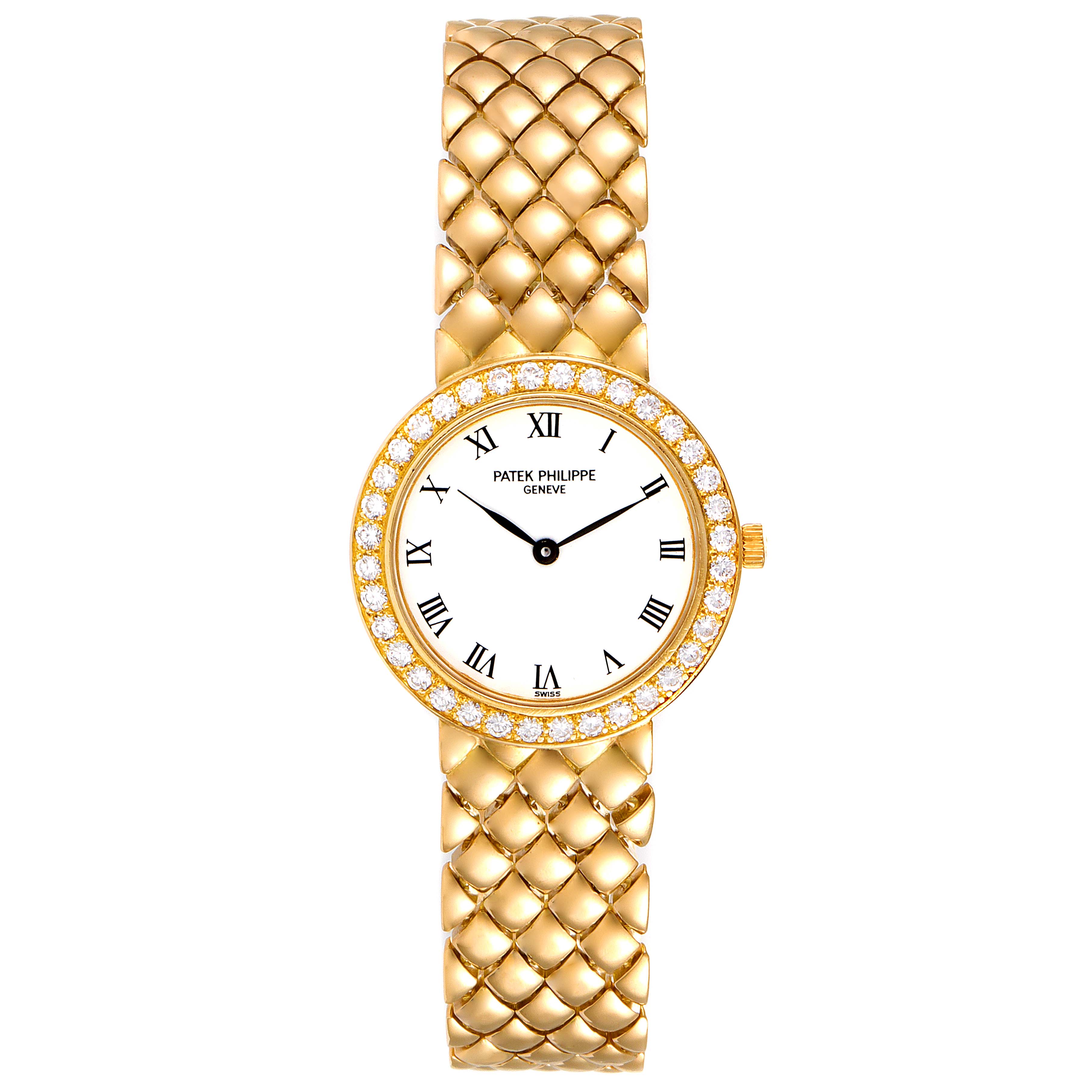 The image shows a front view of the Patek Philippe Calatrava 4820 Women's Yellow Gold White Dial 4820 Women's Yellow Gold White Dial watch with a gold bracelet and diamond-studded bezel.