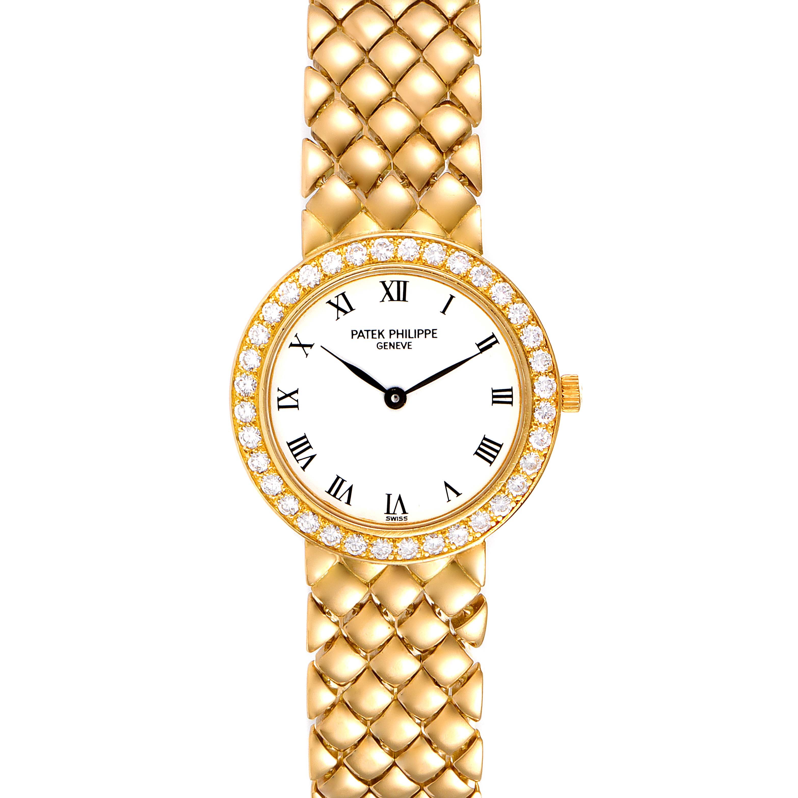 The image shows a Patek Philippe Calatrava 4820 Women's Yellow Gold White Dial 4820 Women's Yellow Gold White Dial watch from a front view, highlighting its gold bracelet and diamond-studded bezel.
