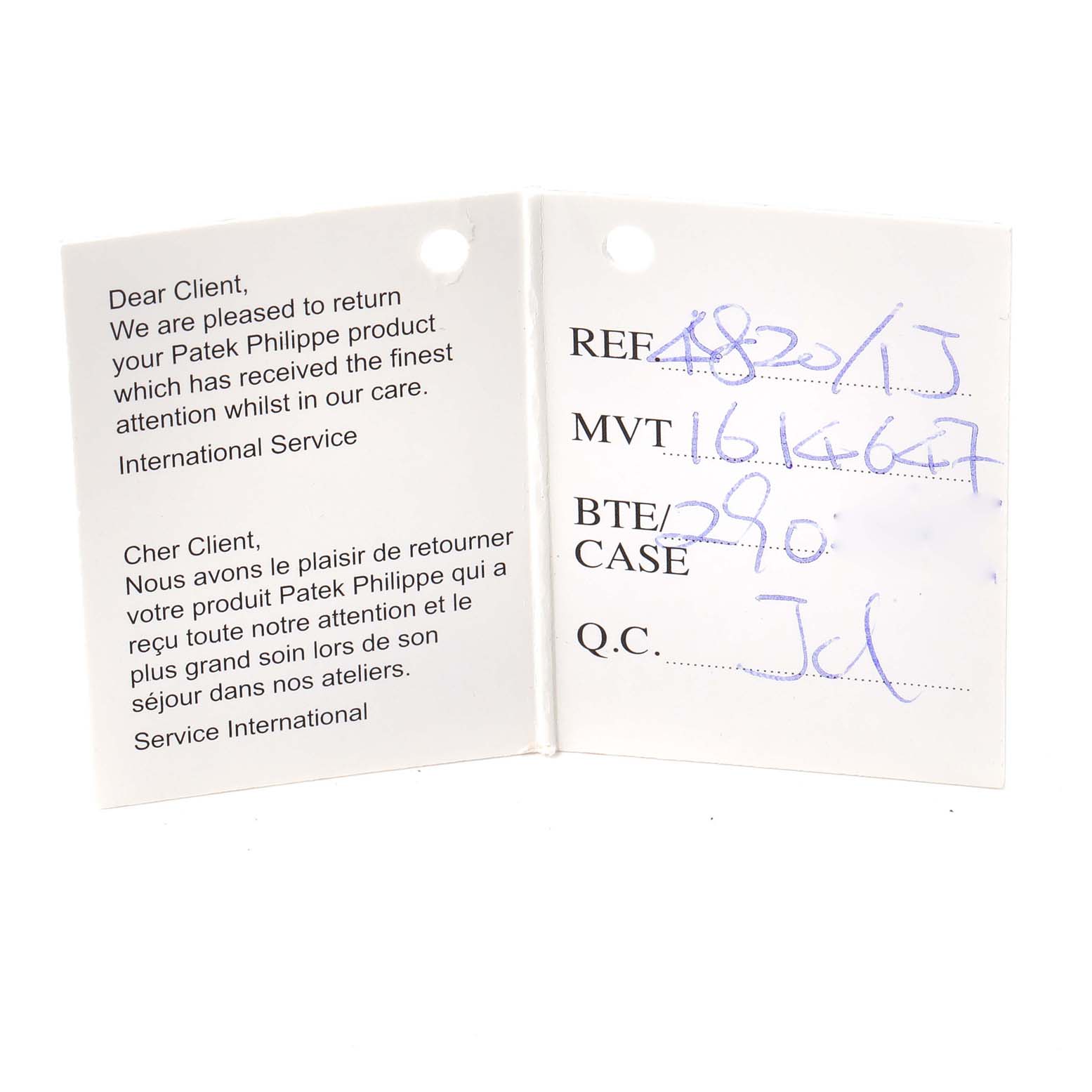 The image shows an international service tag for a Patek Philippe Calatrava 4820 Women's Yellow Gold White Dial 4820 Women's Yellow Gold White Dial watch, listing the reference, movement, case number, and quality control check.