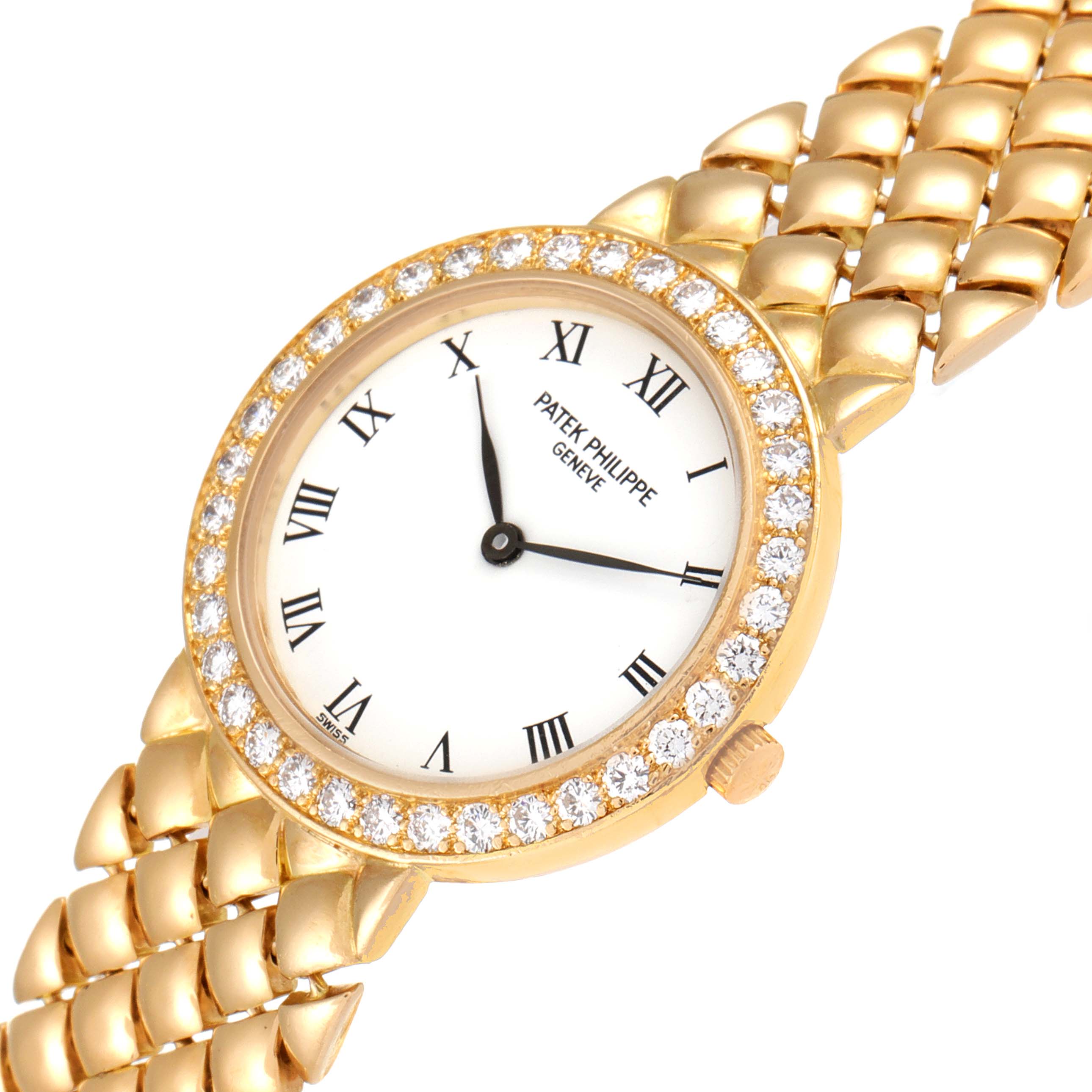 The image shows a top view of the Patek Philippe Calatrava 4820 Women's Yellow Gold White Dial 4820 Women's Yellow Gold White Dial watch, highlighting the face, bezel, and part of the bracelet.