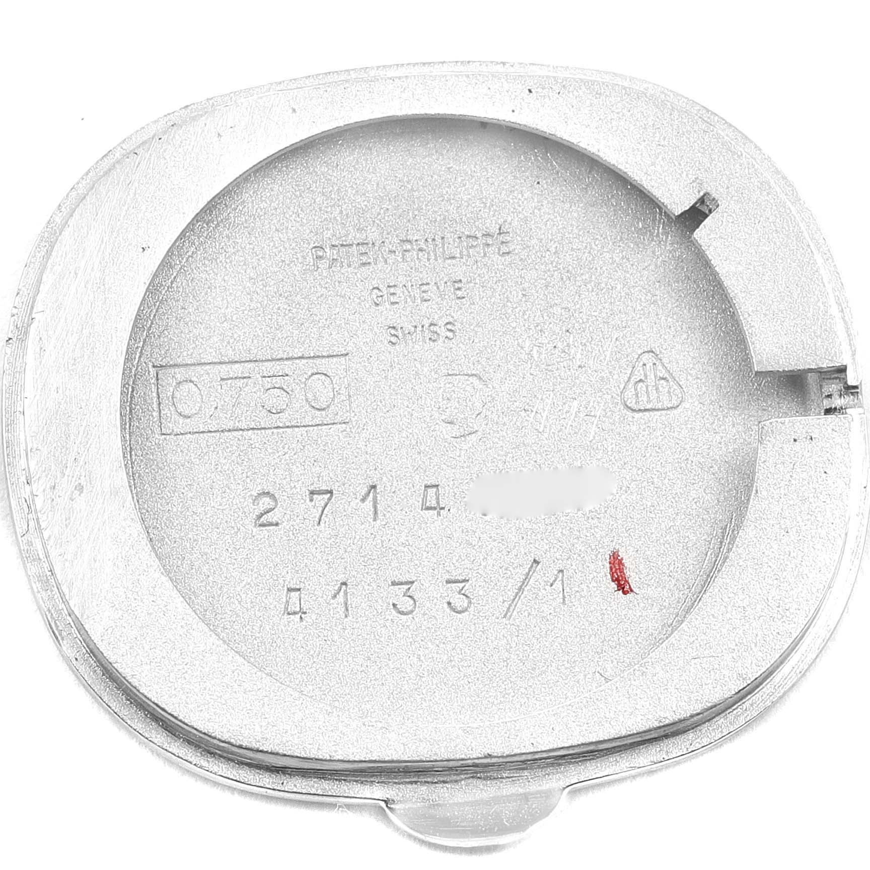 This is the inner side of the case back of the Patek Philippe Golden Ellipse 4133 Women's White Gold Blue Dial 4133 Women's White Gold Blue Dial watch.