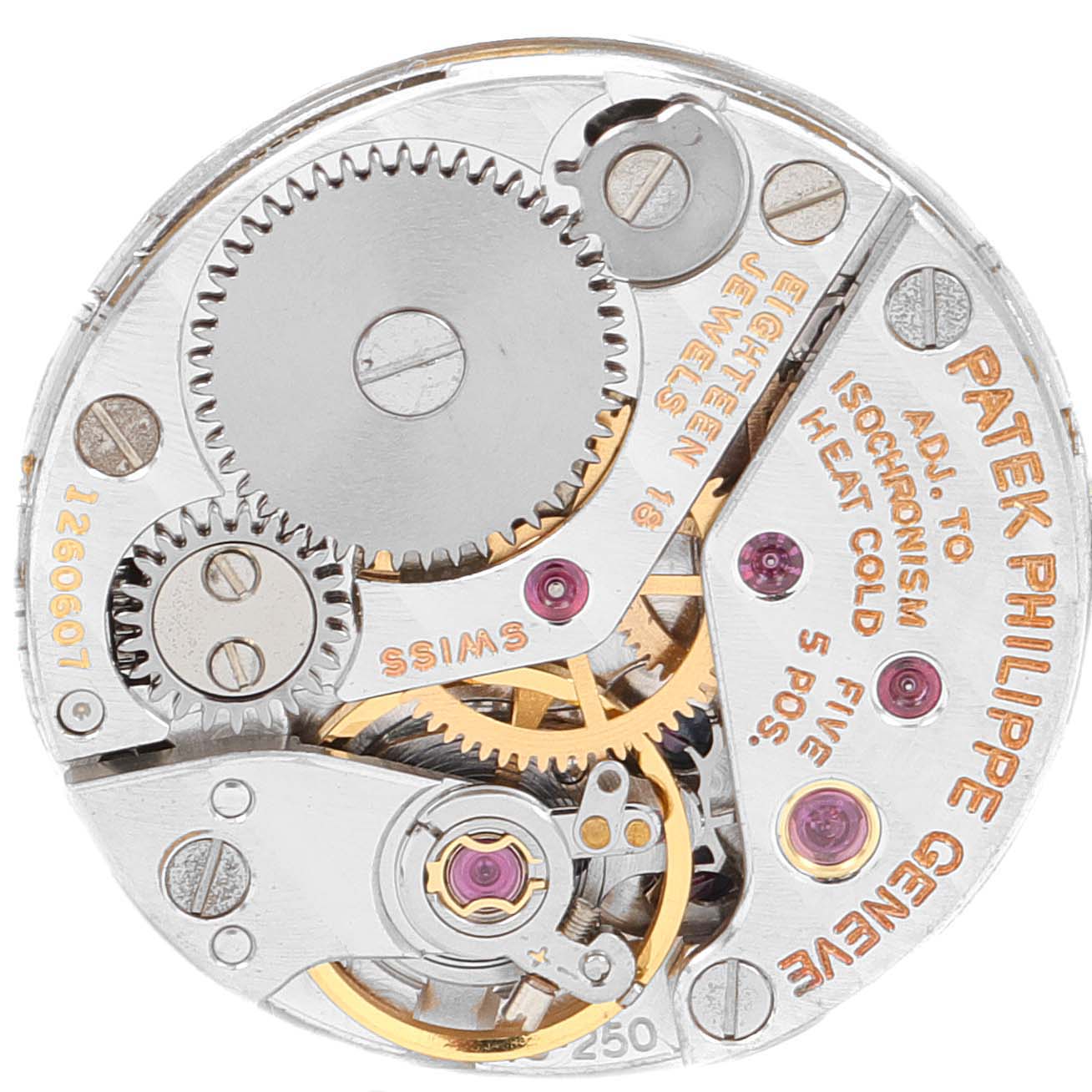 The image shows the internal mechanical movement from the back of a Patek Philippe Golden Ellipse 4133 Women's White Gold Blue Dial 4133 Women's White Gold Blue Dial watch.