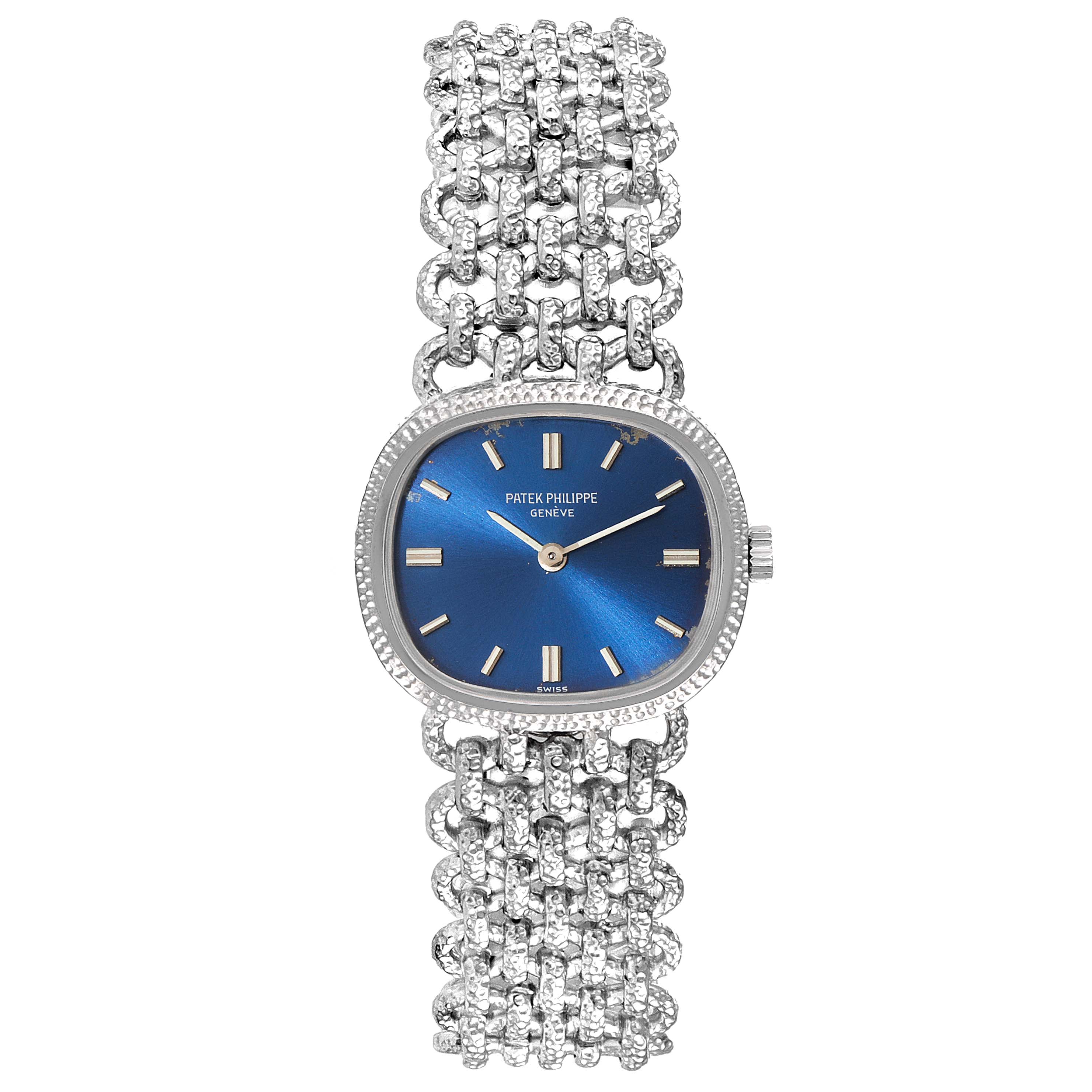 The image shows the front view of the Patek Philippe Golden Ellipse 4133 Women's White Gold Blue Dial 4133 Women's White Gold Blue Dial watch, highlighting its blue dial and intricate silver bracelet.