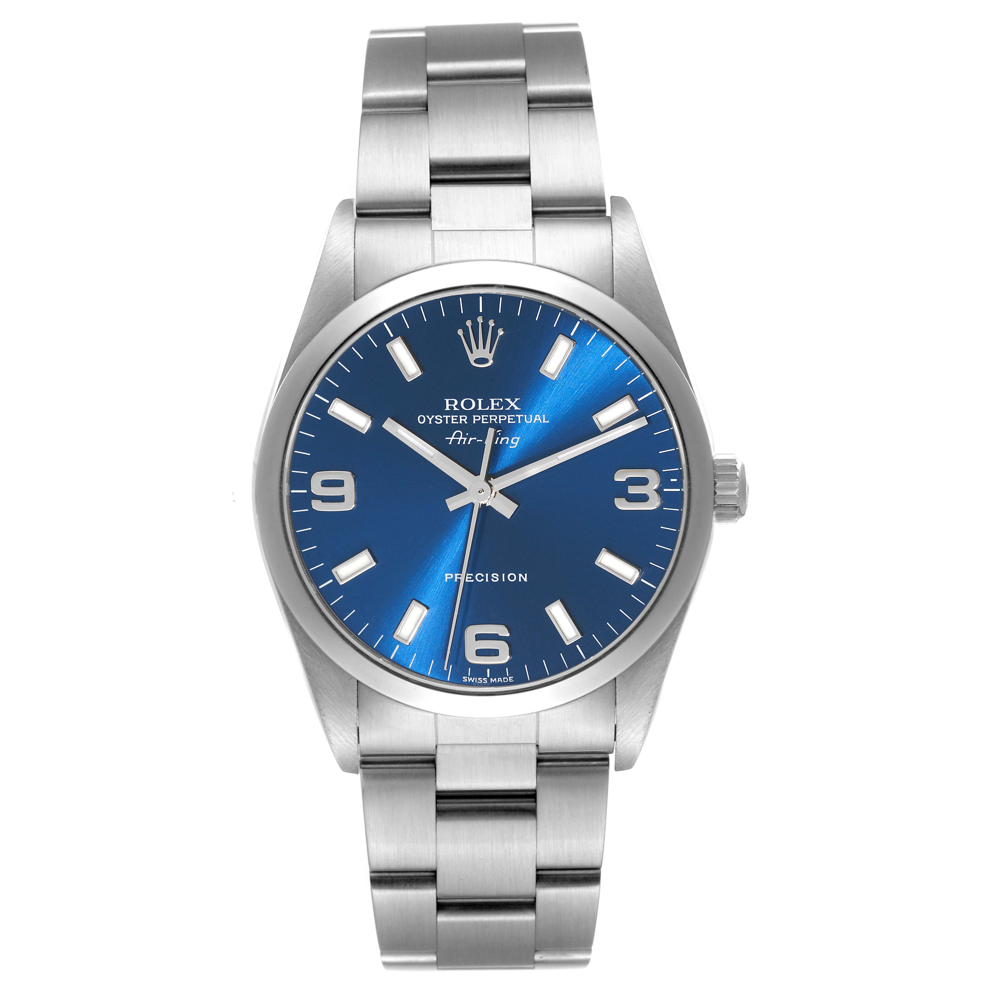 The Rolex Air-King 14000M Men's Stainless Steel Blue Dial 14000M Men's Stainless Steel Blue Dial watch is shown from a front angle, displaying the dial, hands, crown, and bracelet.