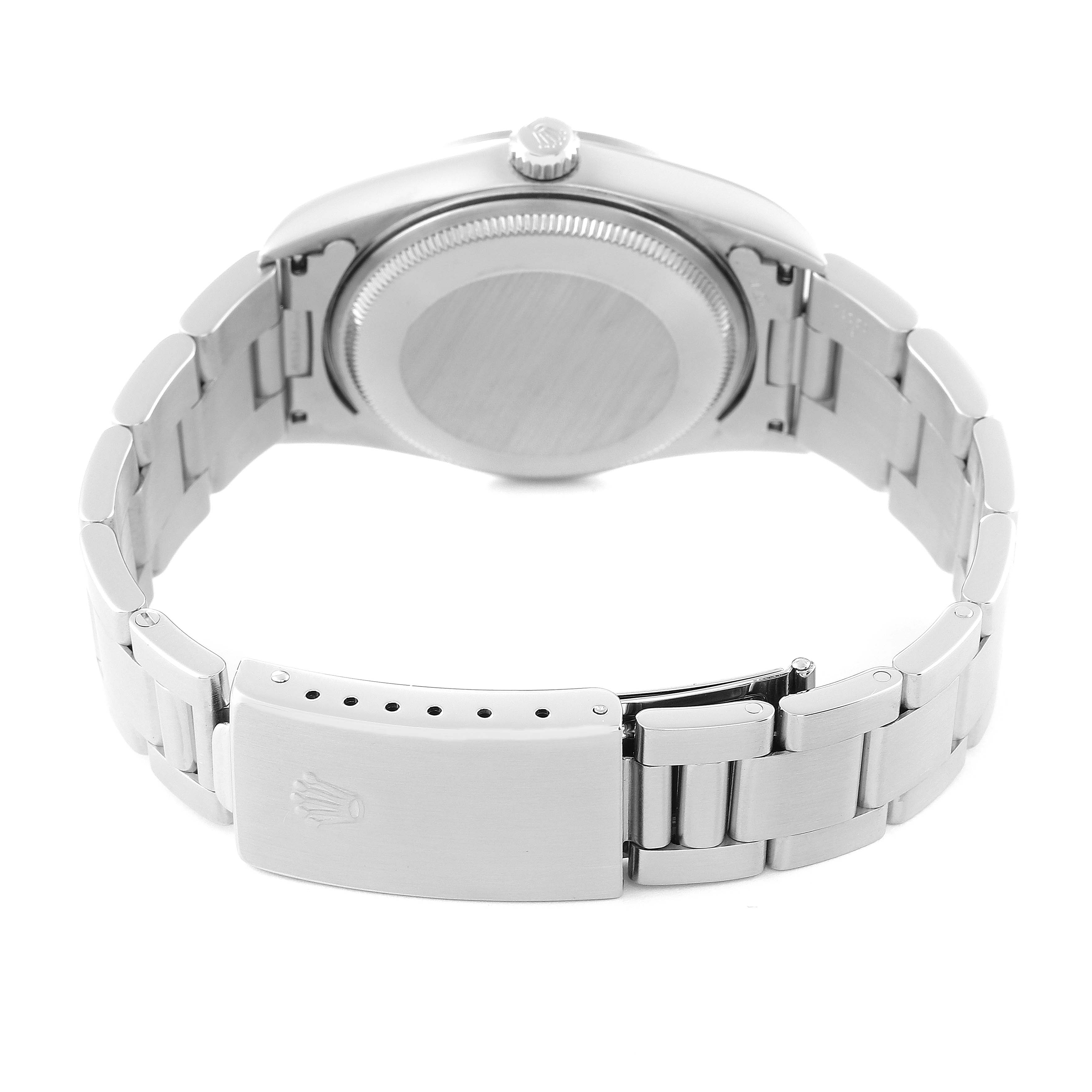 The image shows the Rolex Air-King 14000M Men's Stainless Steel Blue Dial 14000M Men's Stainless Steel Blue Dial watch from the back, displaying the clasp, bracelet, and case back.