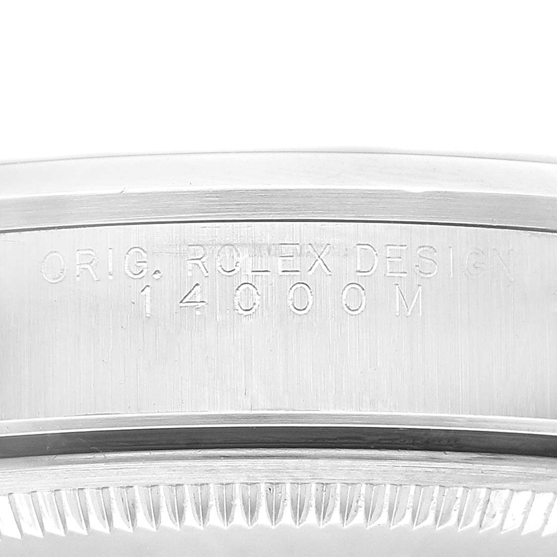 This image shows a close-up of the case side of the Rolex Air-King 14000M Men's Stainless Steel Blue Dial 14000M Men's Stainless Steel Blue Dial watch, revealing the engraved model number and "ORIG. ROLEX DESIGN" inscription.
