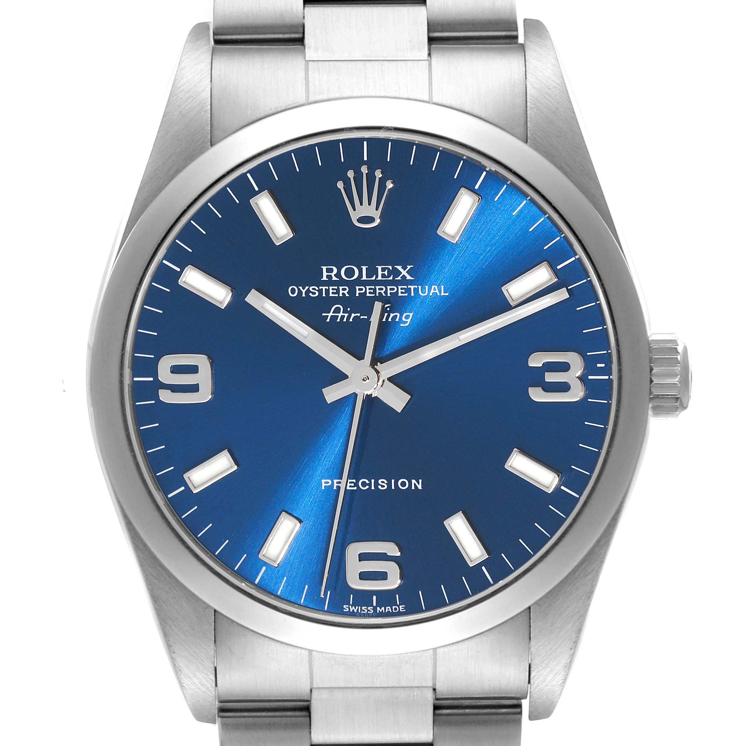This is a frontal view of a Rolex Air-King 14000M Men's Stainless Steel Blue Dial 14000M Men's Stainless Steel Blue Dial watch, showing its blue dial, stainless steel case, and bracelet.