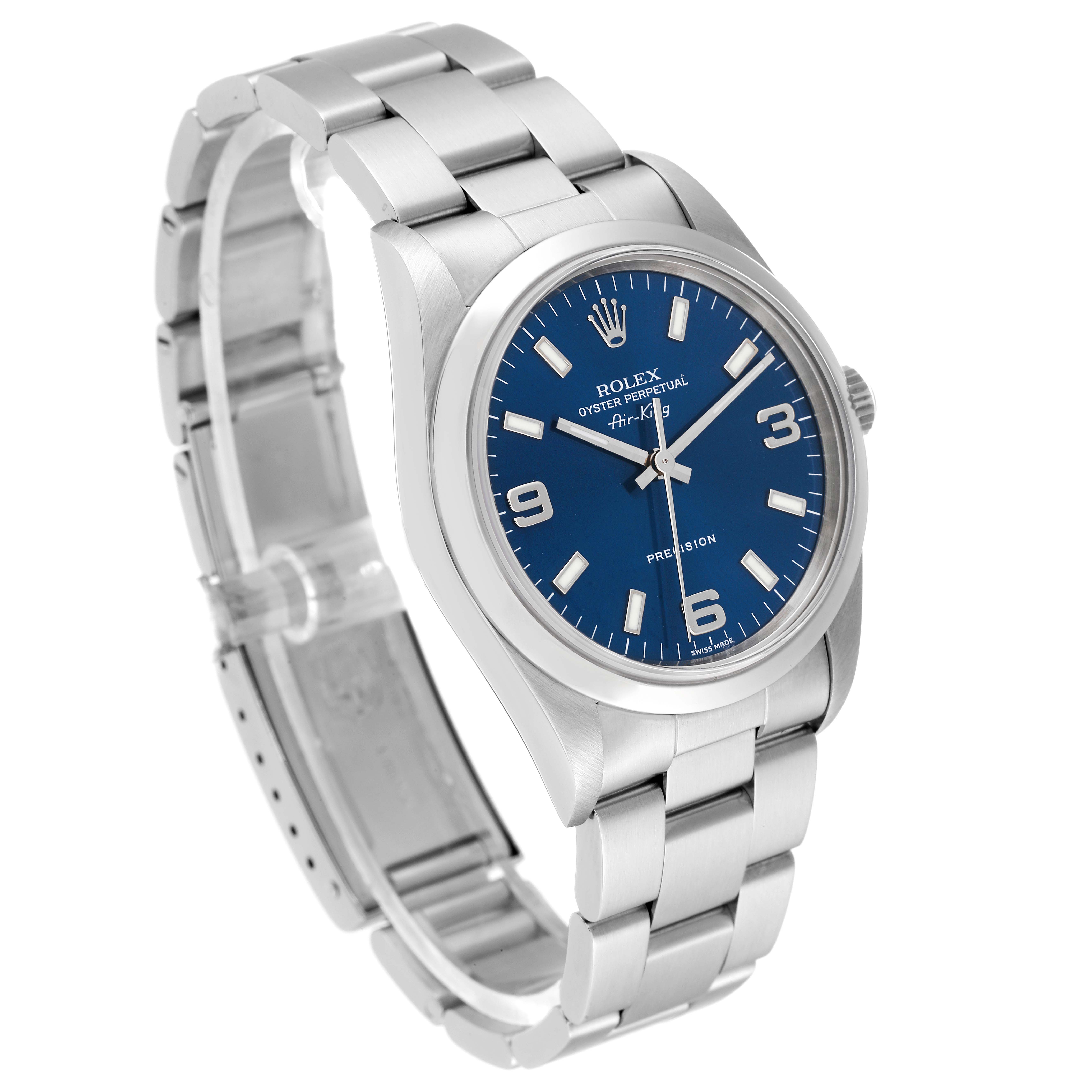 The image shows a Rolex Air-King 14000M Men's Stainless Steel Blue Dial 14000M Men's Stainless Steel Blue Dial watch at a slight angle from the front and side, showcasing the dial, bezel, and bracelet.