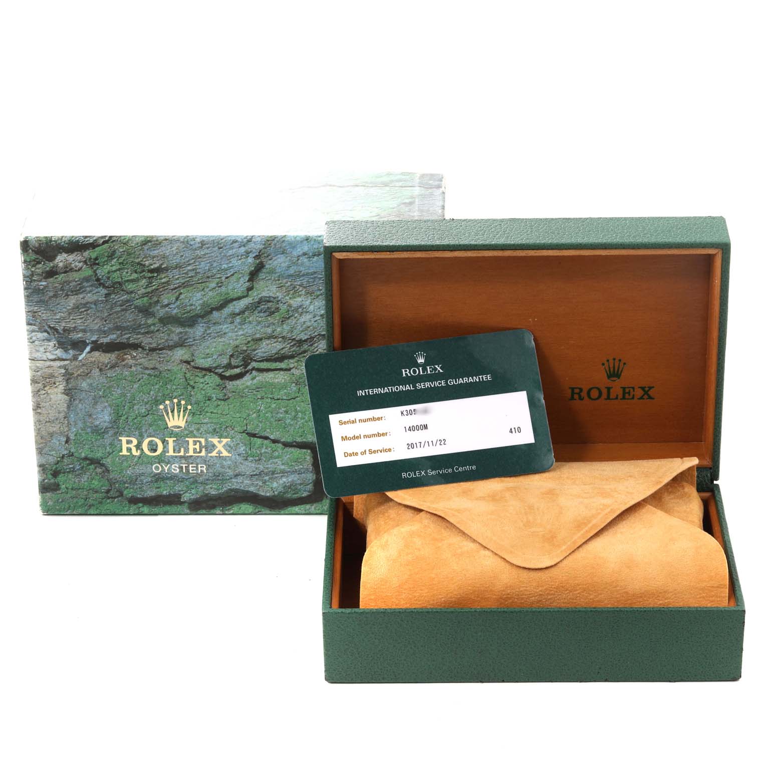 The image shows the packaging and international service guarantee card for a Rolex Air-King 14000M Men's Stainless Steel Blue Dial 14000M Men's Stainless Steel Blue Dial model 14000M.