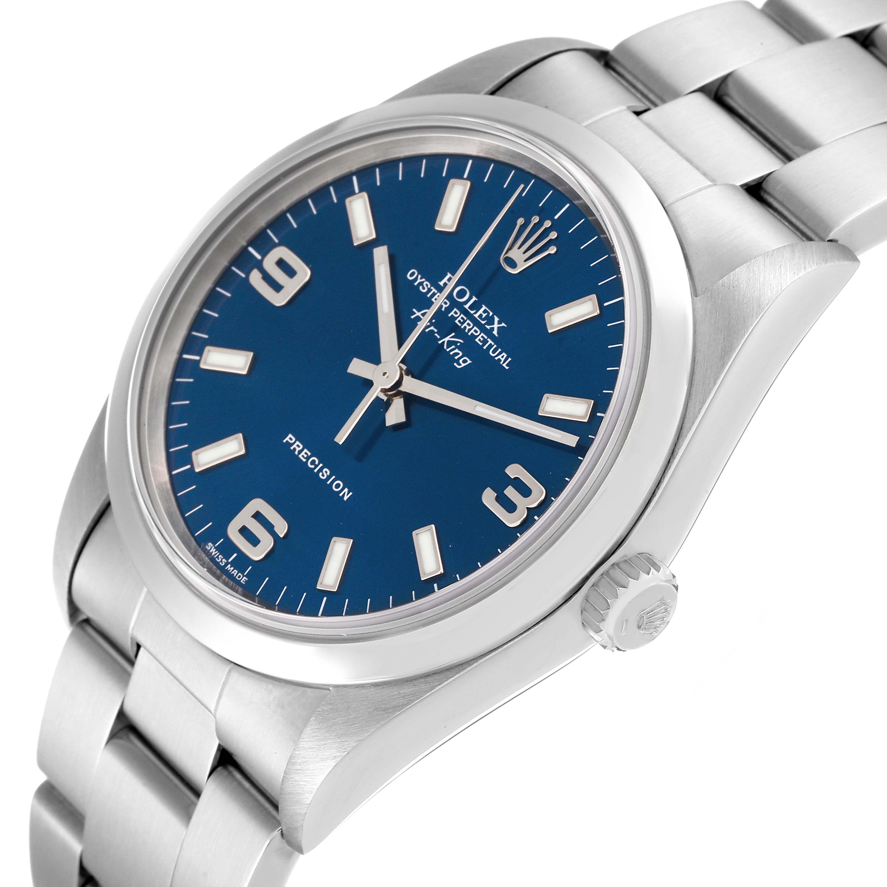 The image shows a close-up, angled view of the Rolex Air-King 14000M Men's Stainless Steel Blue Dial 14000M Men's Stainless Steel Blue Dial watch, highlighting its blue dial, stainless steel case, and bracelet.