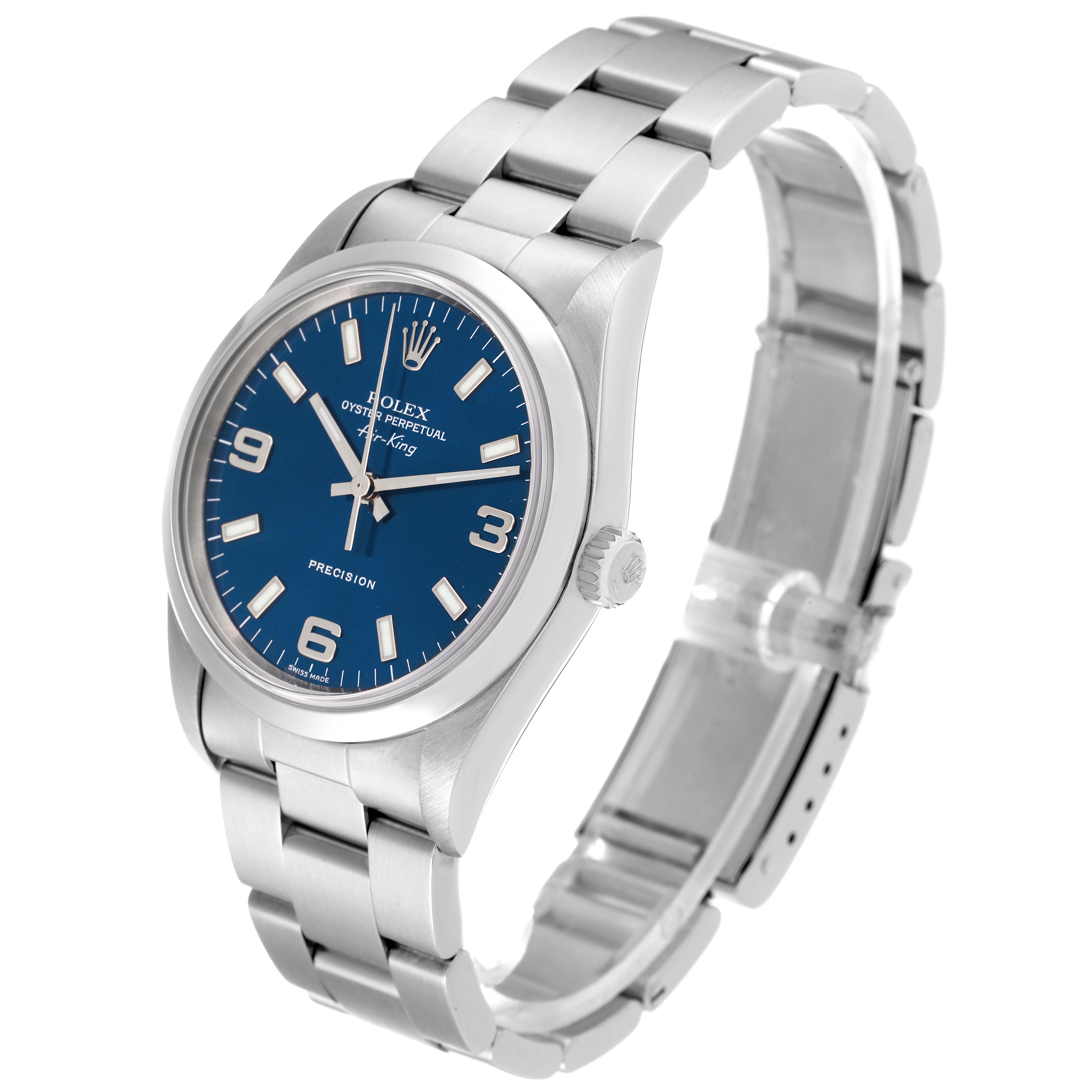 The Rolex Air-King 14000M Men's Stainless Steel Blue Dial 14000M Men's Stainless Steel Blue Dial watch is shown at an angled side view, displaying the face, crown, and bracelet.