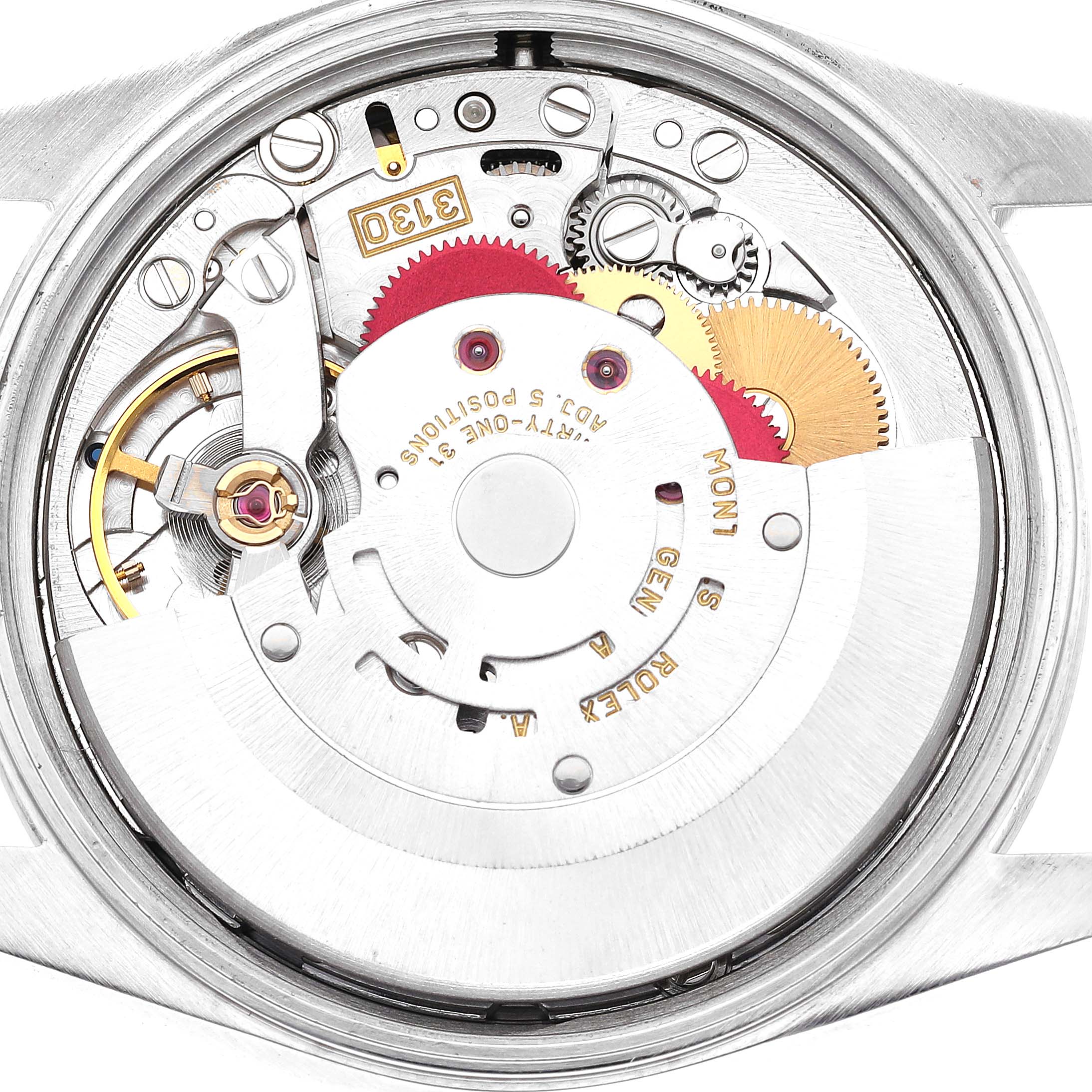 This image shows a close-up of the internal mechanical movement of a Rolex Air-King 14000M Men's Stainless Steel Blue Dial 14000M Men's Stainless Steel Blue Dial watch, viewed from the back.