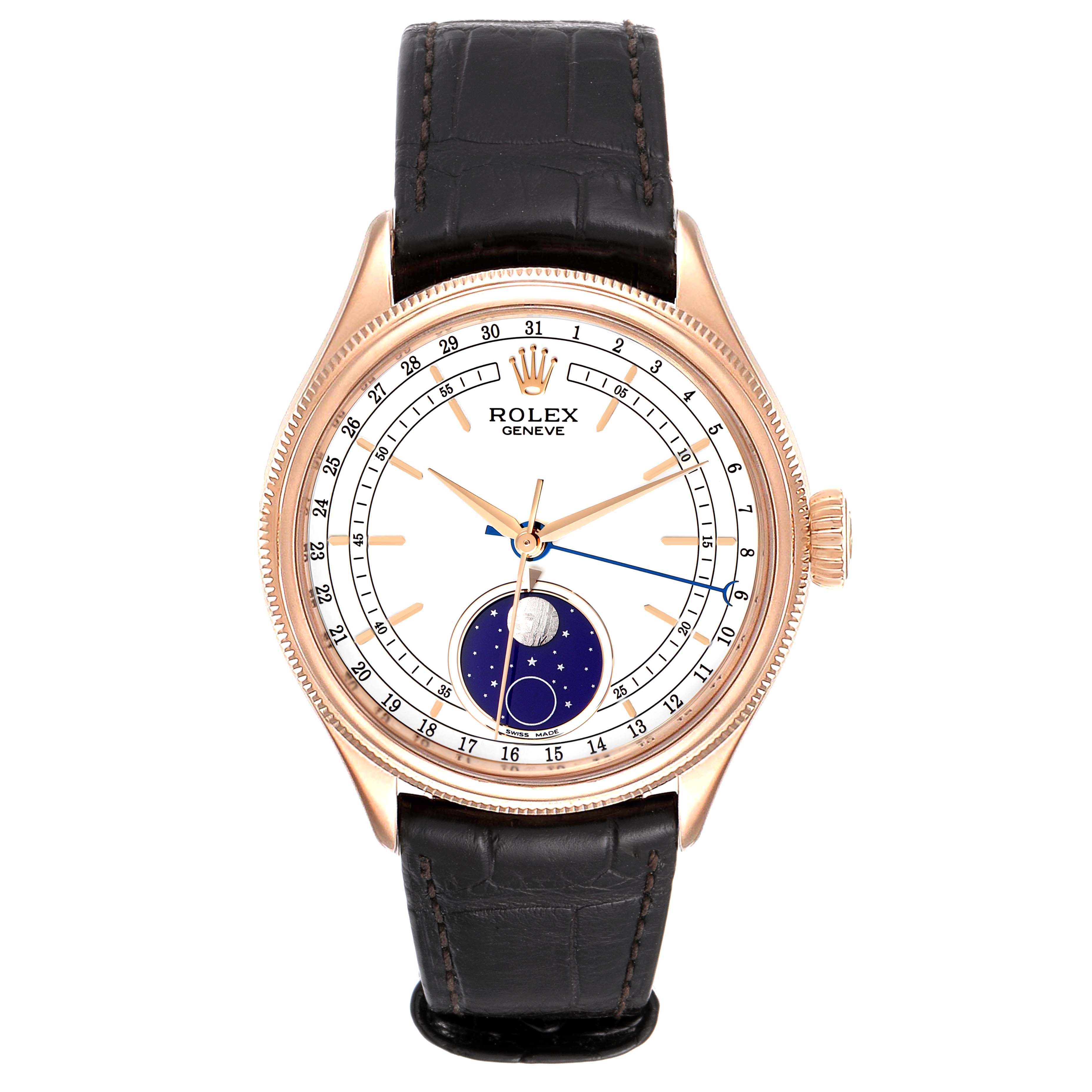 This is a front view of a Rolex Cellini 50535 Men's Rose Gold White Dial 50535 Men's Rose Gold White Dial watch showing the face, bezel, crown, and leather strap.