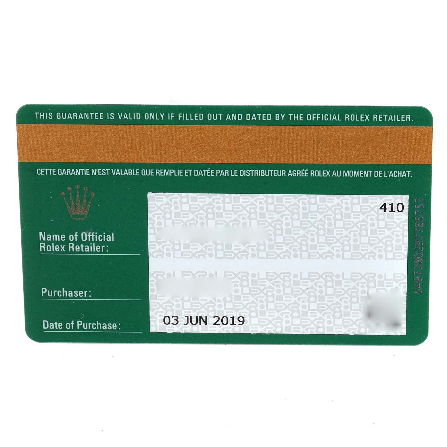 This image shows a warranty card for a Rolex Cellini 50535 Men's Rose Gold White Dial 50535 Men's Rose Gold White Dial, including the retailer, purchaser, and date of purchase information.
