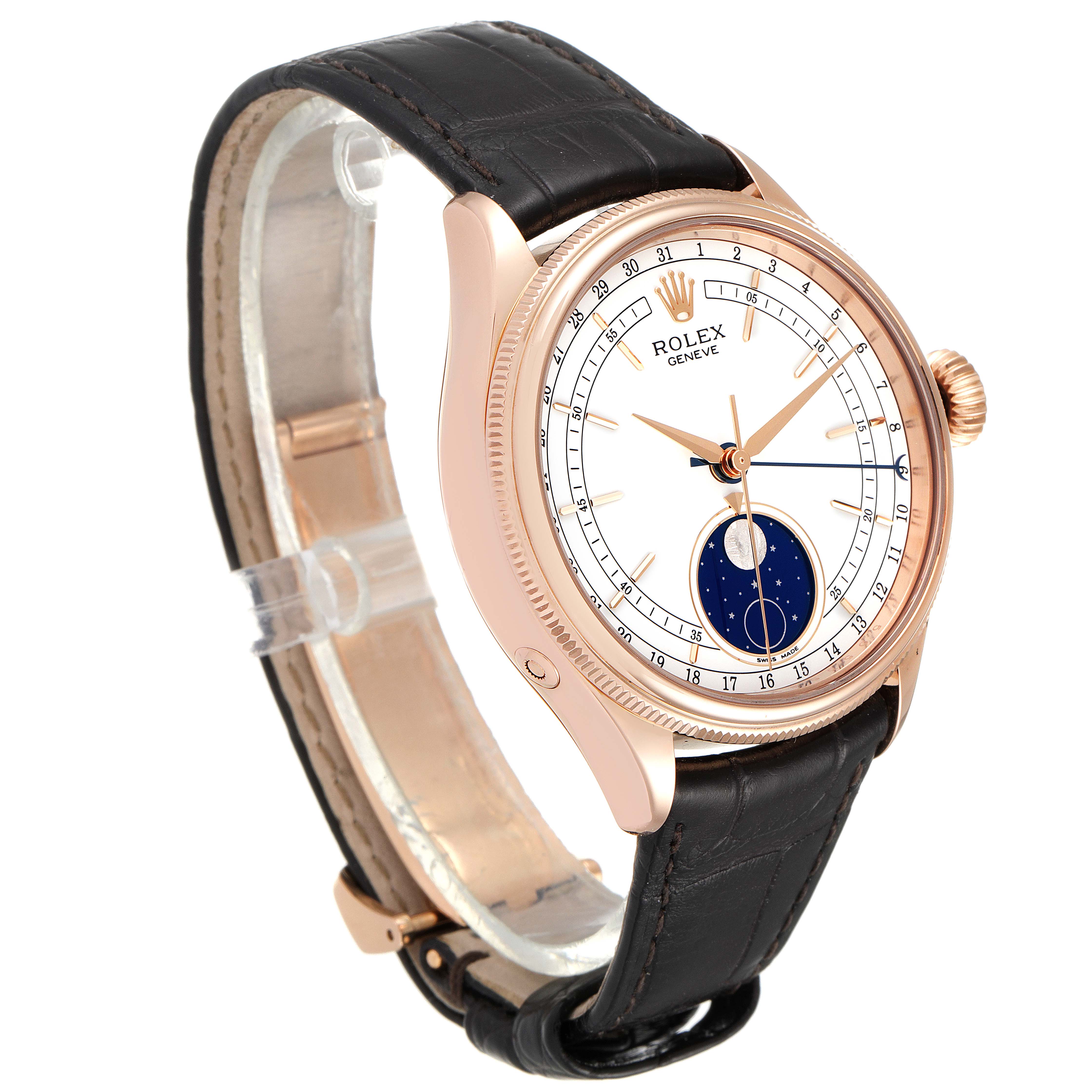 The image shows a side-angle view of the Rolex Cellini 50535 Men's Rose Gold White Dial 50535 Men's Rose Gold White Dial watch, highlighting its face, case, crown, and leather strap.