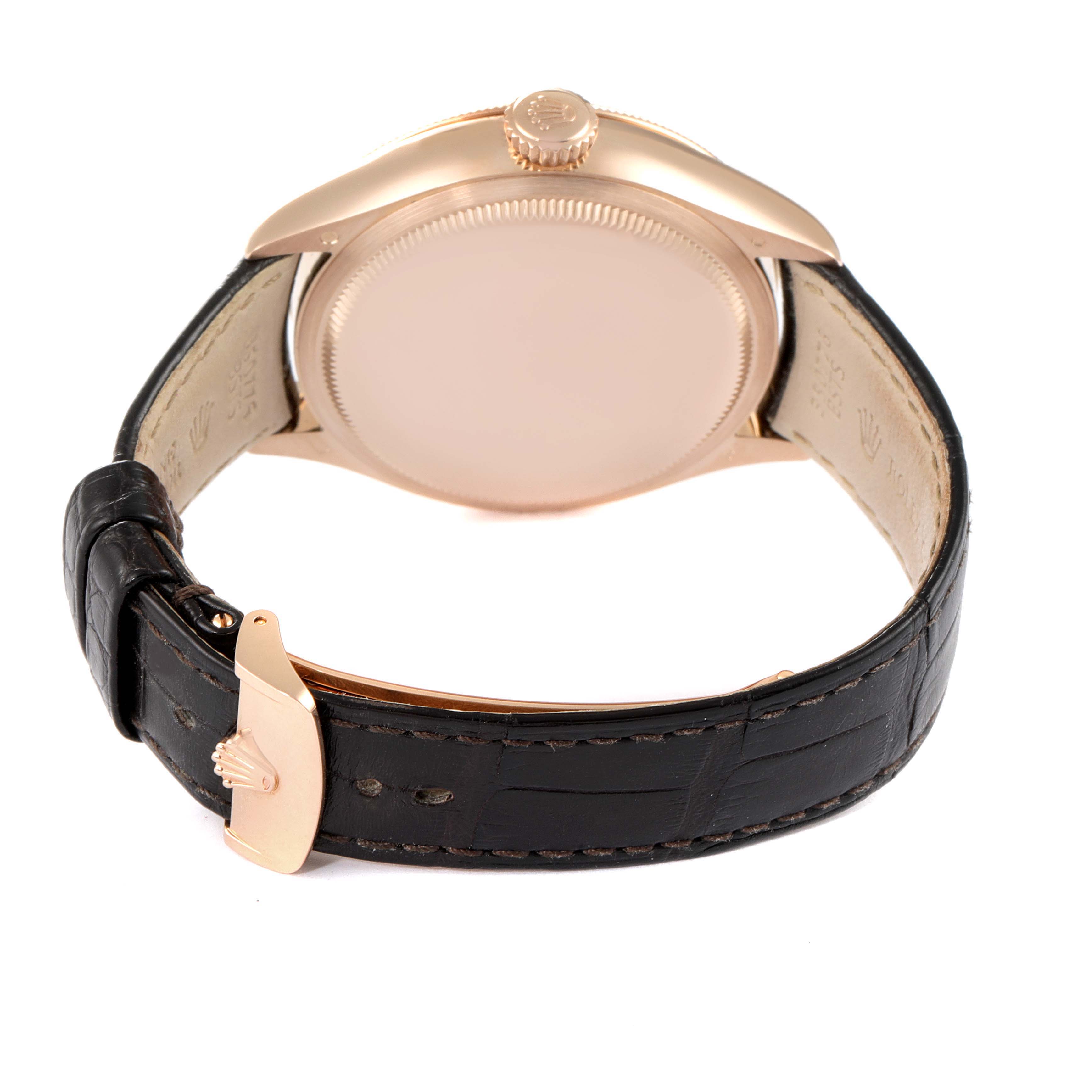 This image shows the back view of a Rolex Cellini 50535 Men's Rose Gold White Dial 50535 Men's Rose Gold White Dial watch, featuring a leather strap and rose gold buckle.