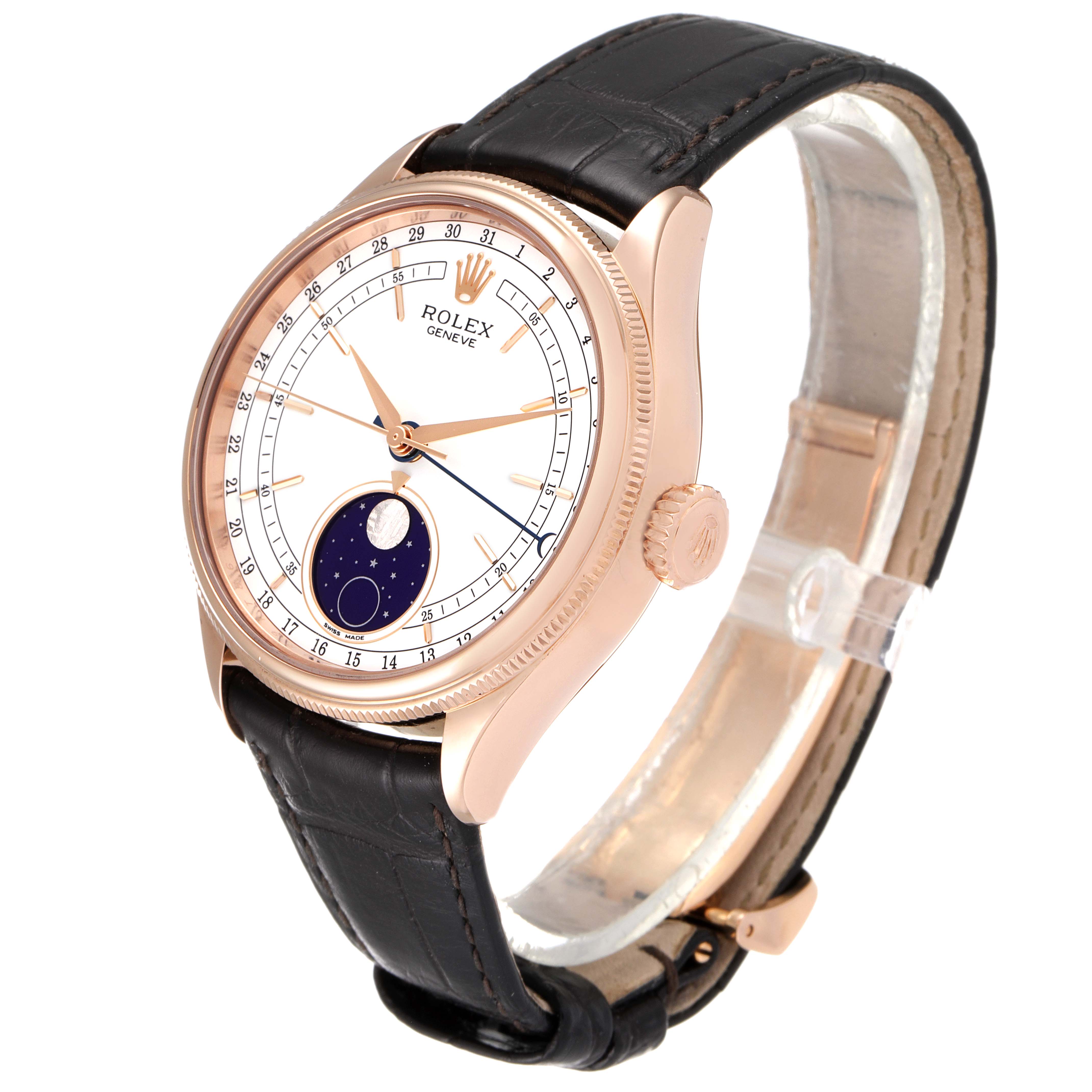 This Rolex Cellini 50535 Men's Rose Gold White Dial 50535 Men's Rose Gold White Dial watch is shown from a three-quarter angle, highlighting its face, bezel, crown, and black leather strap.