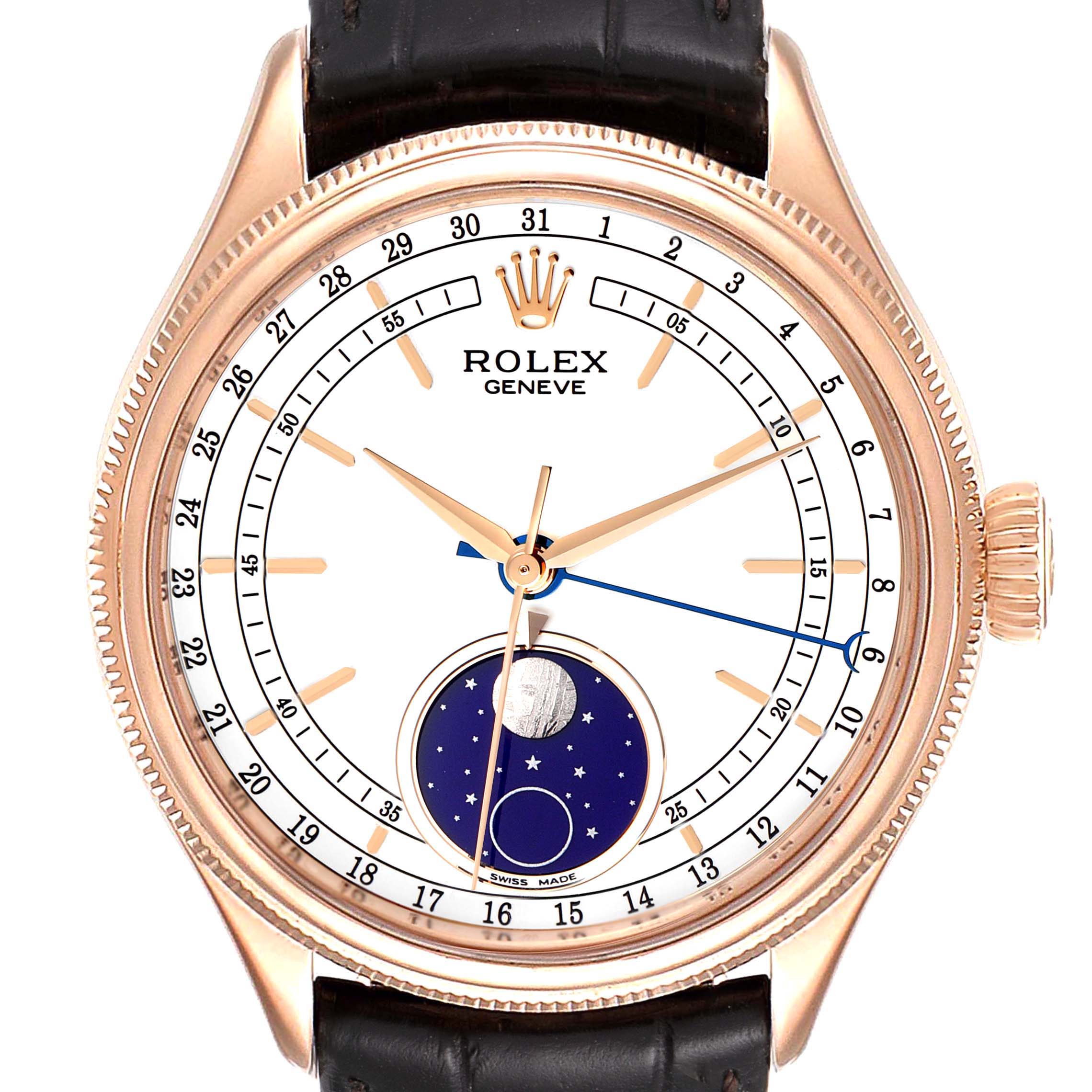 The image shows the face of the Rolex Cellini 50535 Men's Rose Gold White Dial 50535 Men's Rose Gold White Dial watch, highlighting its moonphase indicator, gold markers, and black leather strap.