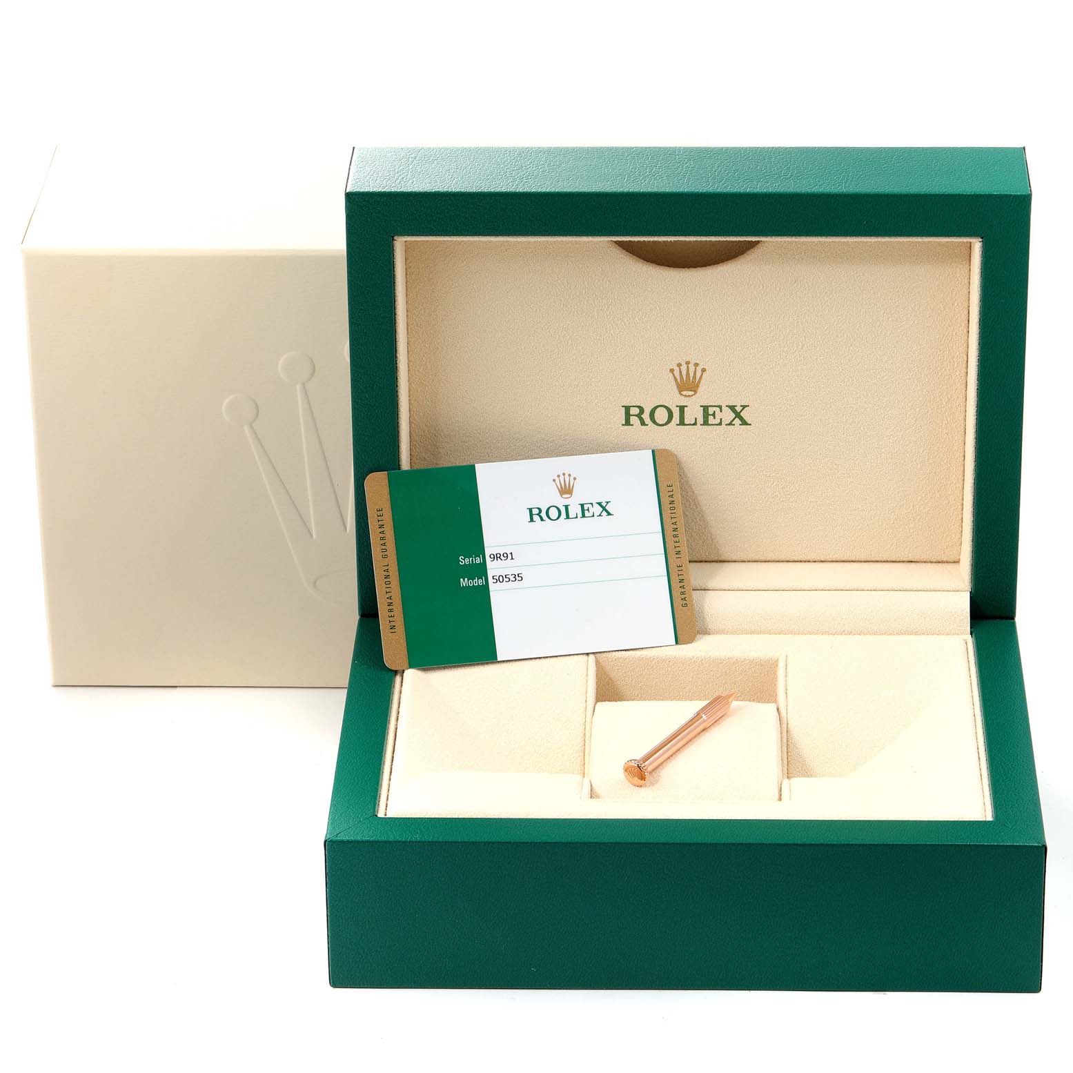 The image shows the packaging and authenticity card for a Rolex Cellini 50535 Men's Rose Gold White Dial 50535 Men's Rose Gold White Dial model watch.