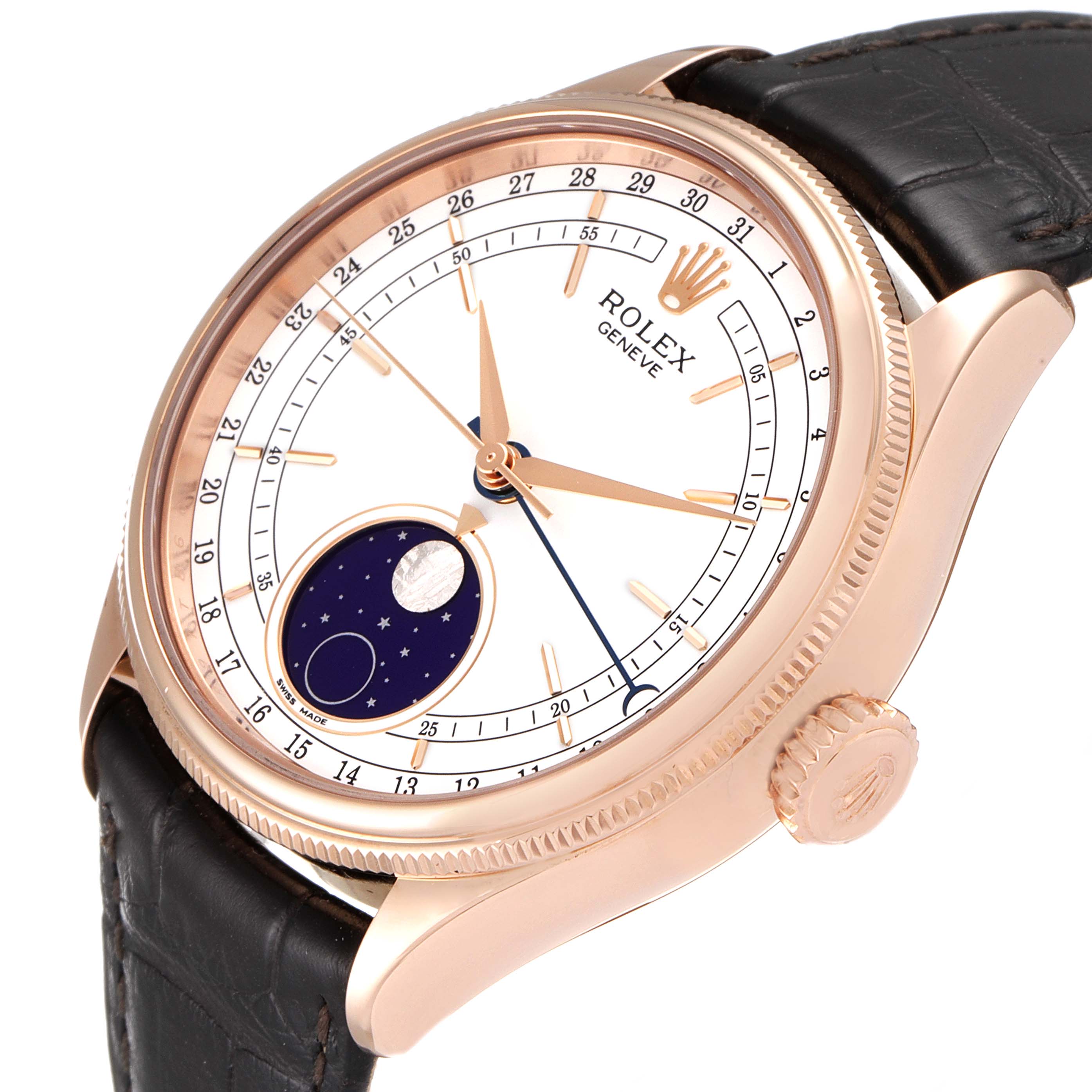 The image shows a Rolex Cellini 50535 Men's Rose Gold White Dial 50535 Men's Rose Gold White Dial watch at a slight angle, displaying the face, crown, and part of the leather strap.