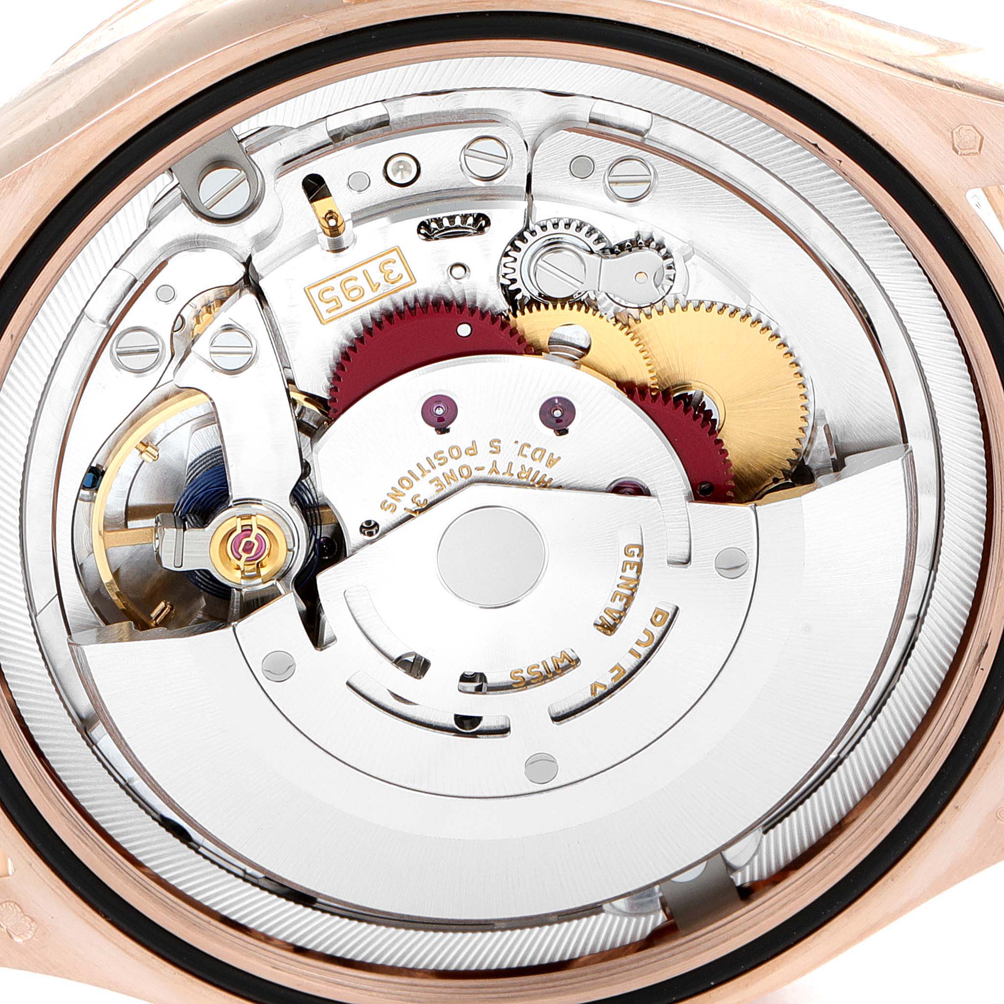 The image shows a close-up view of the movement and inner mechanisms of a Rolex Cellini 50535 Men's Rose Gold White Dial 50535 Men's Rose Gold White Dial model watch.