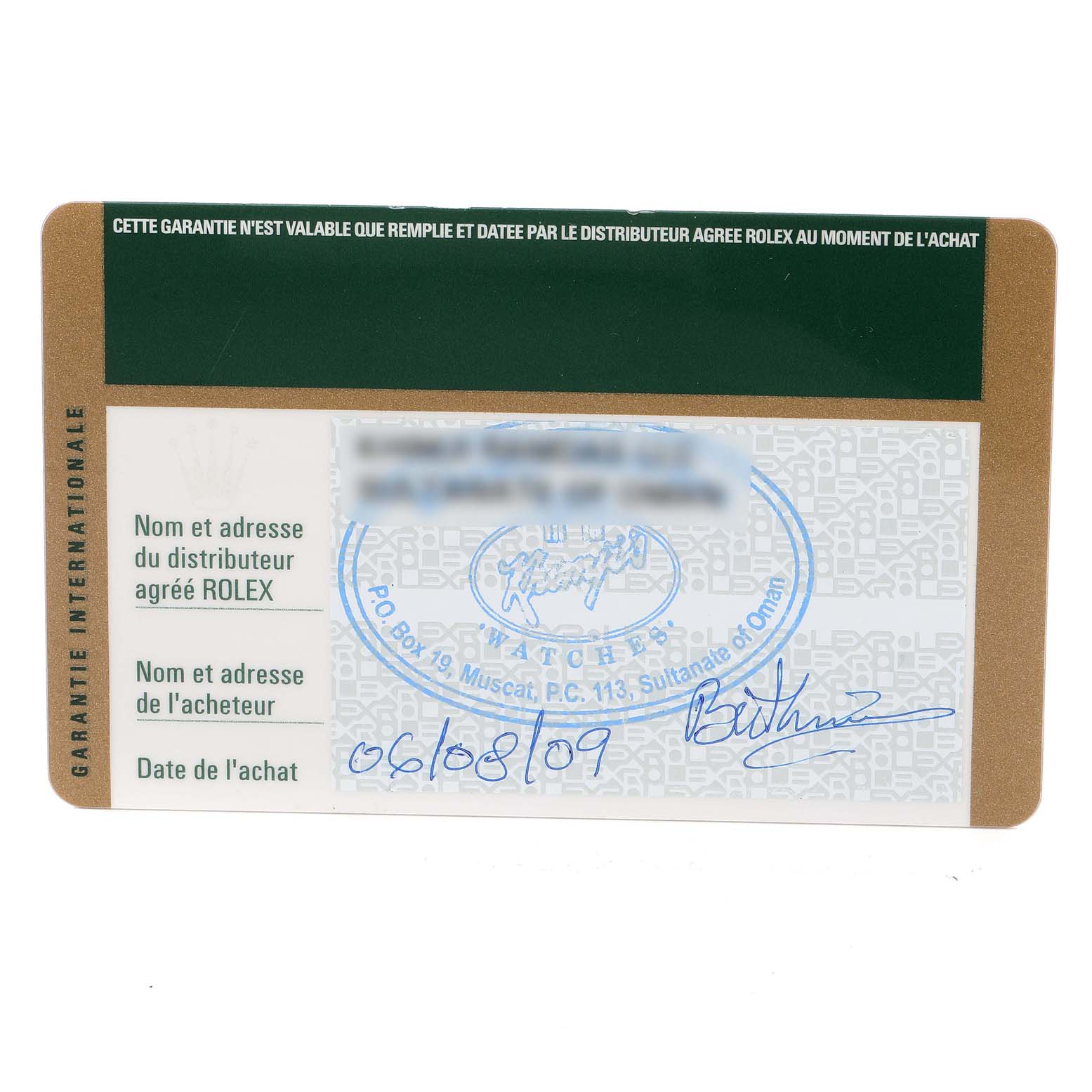 This image shows the warranty card for a Rolex Cellini 6201 Women's White Gold Mother of Pearl Dial 6201 Women's White Gold Mother of Pearl Dial watch.