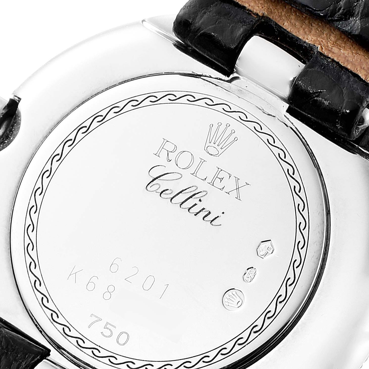 This image shows the back of a Rolex Cellini 6201 Women's White Gold Mother of Pearl Dial 6201 Women's White Gold Mother of Pearl Dial watch, displaying branding and model details.