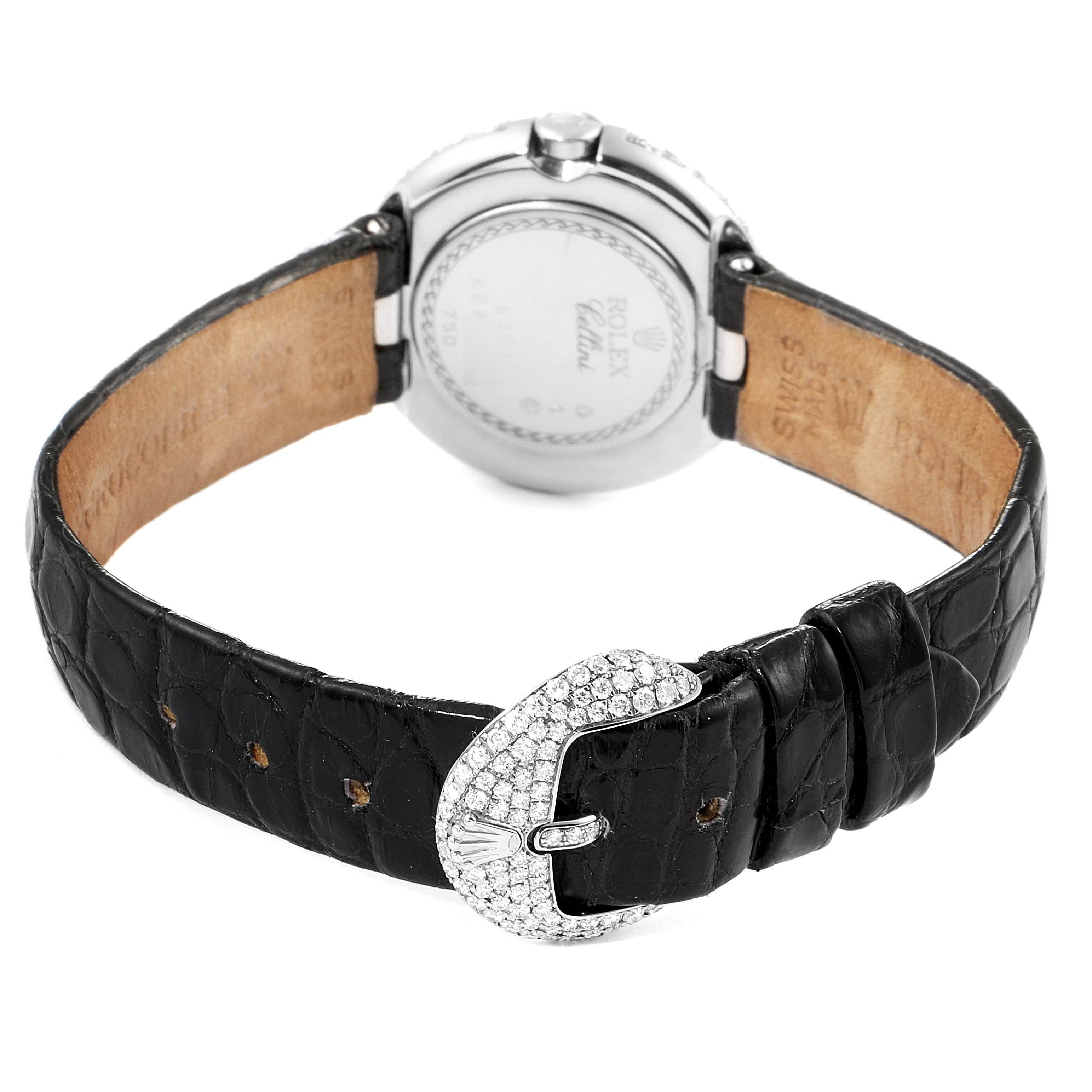 The image shows a rear view of a Rolex Cellini 6201 Women's White Gold Mother of Pearl Dial 6201 Women's White Gold Mother of Pearl Dial watch, focusing on the back case and black leather strap with a diamond-studded buckle.