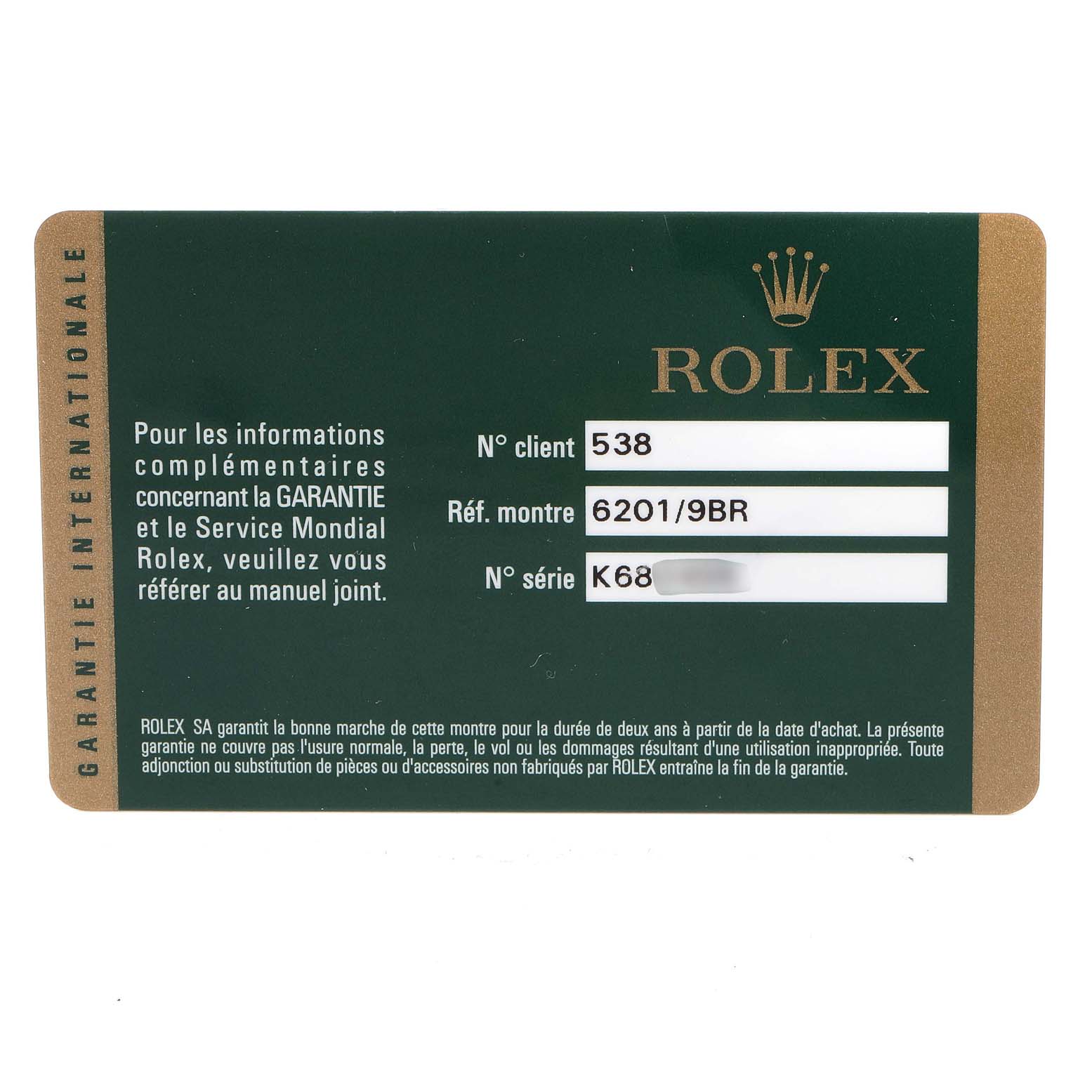 The image shows a green and gold Rolex warranty card for the Cellini model.