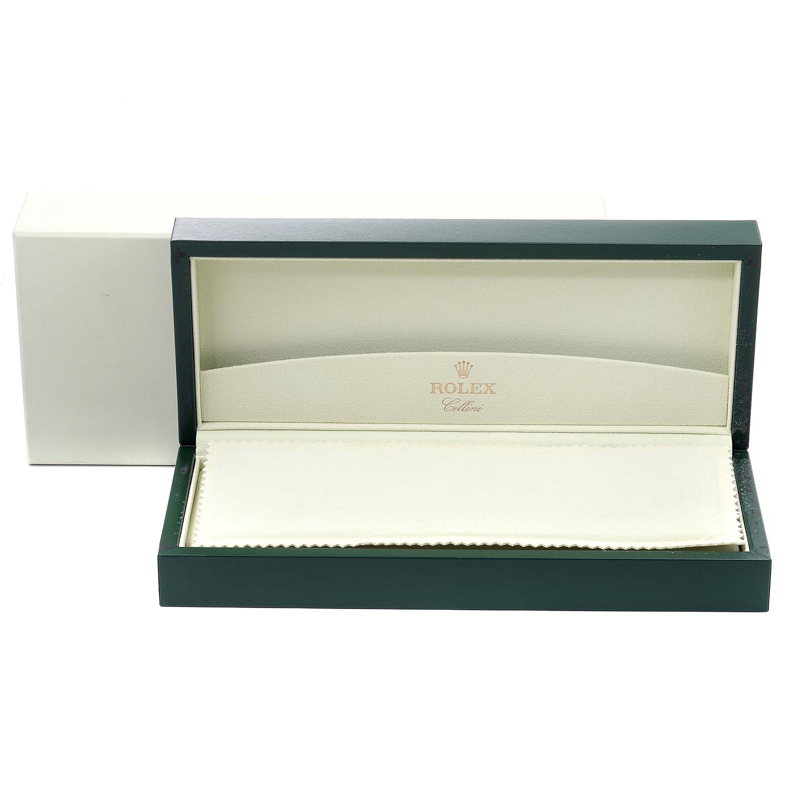 The image shows an open Rolex Cellini 6201 Women's White Gold Mother of Pearl Dial 6201 Women's White Gold Mother of Pearl Dial watch box, displaying the interior with a cloth.