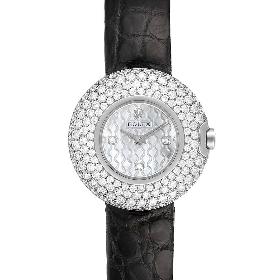 This image shows the front face and strap of a Rolex Cellini watch, featuring a diamond-encrusted bezel.