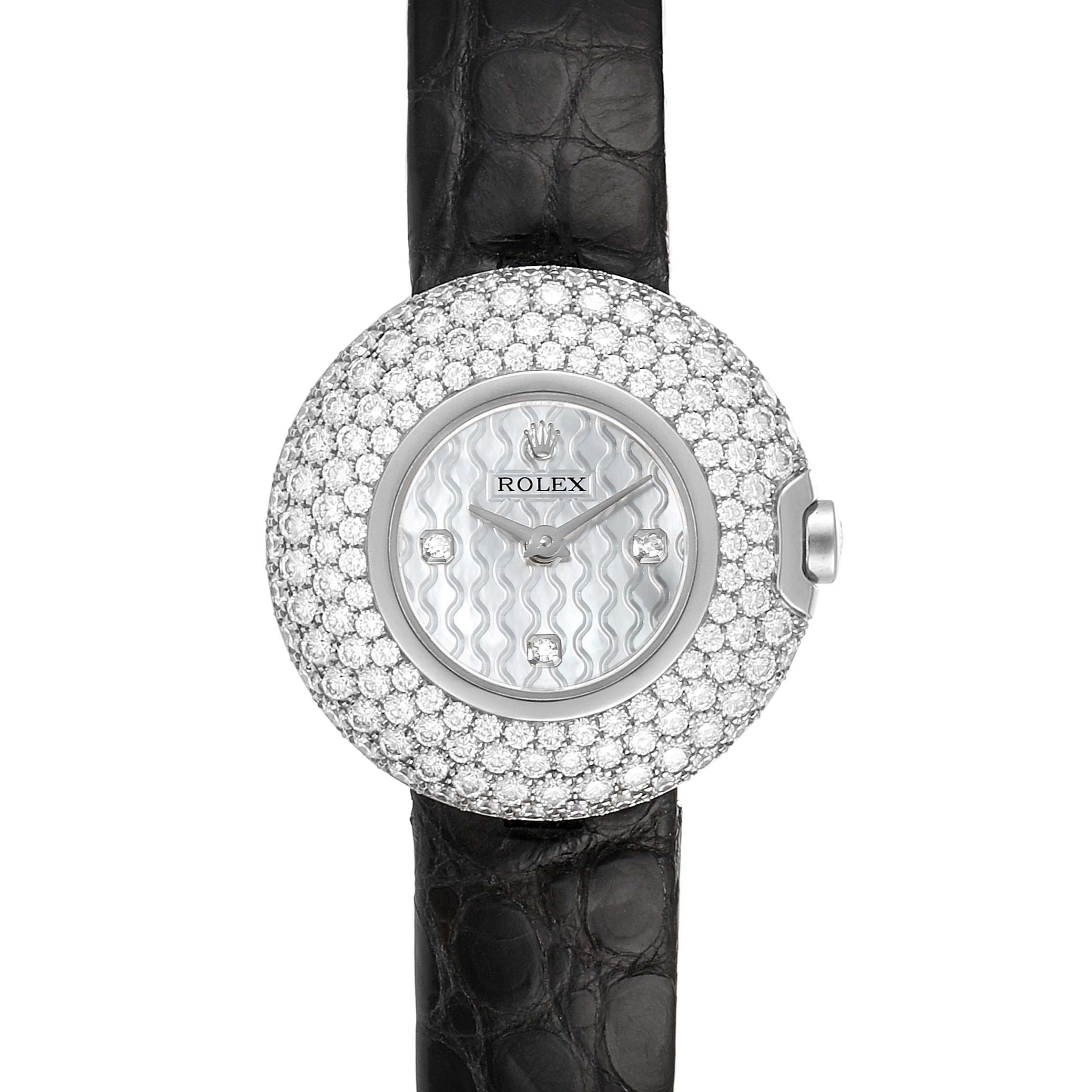 This image shows the front face and strap of a Rolex Cellini 6201 Women's White Gold Mother of Pearl Dial 6201 Women's White Gold Mother of Pearl Dial watch, featuring a diamond-encrusted bezel.