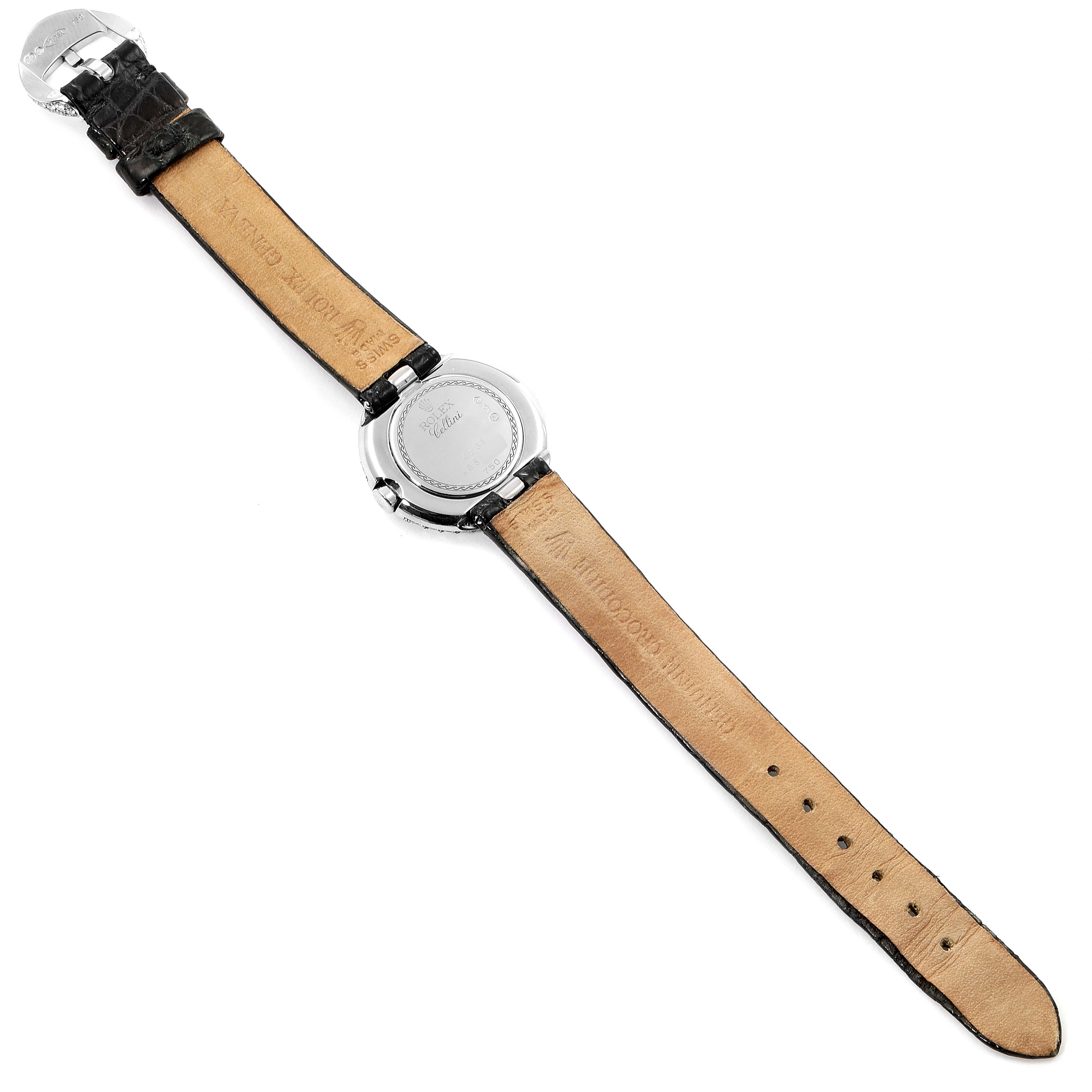 The Rolex Cellini 6201 Women's White Gold Mother of Pearl Dial 6201 Women's White Gold Mother of Pearl Dial watch is shown from the back, displaying the case back and the full length of the leather strap.