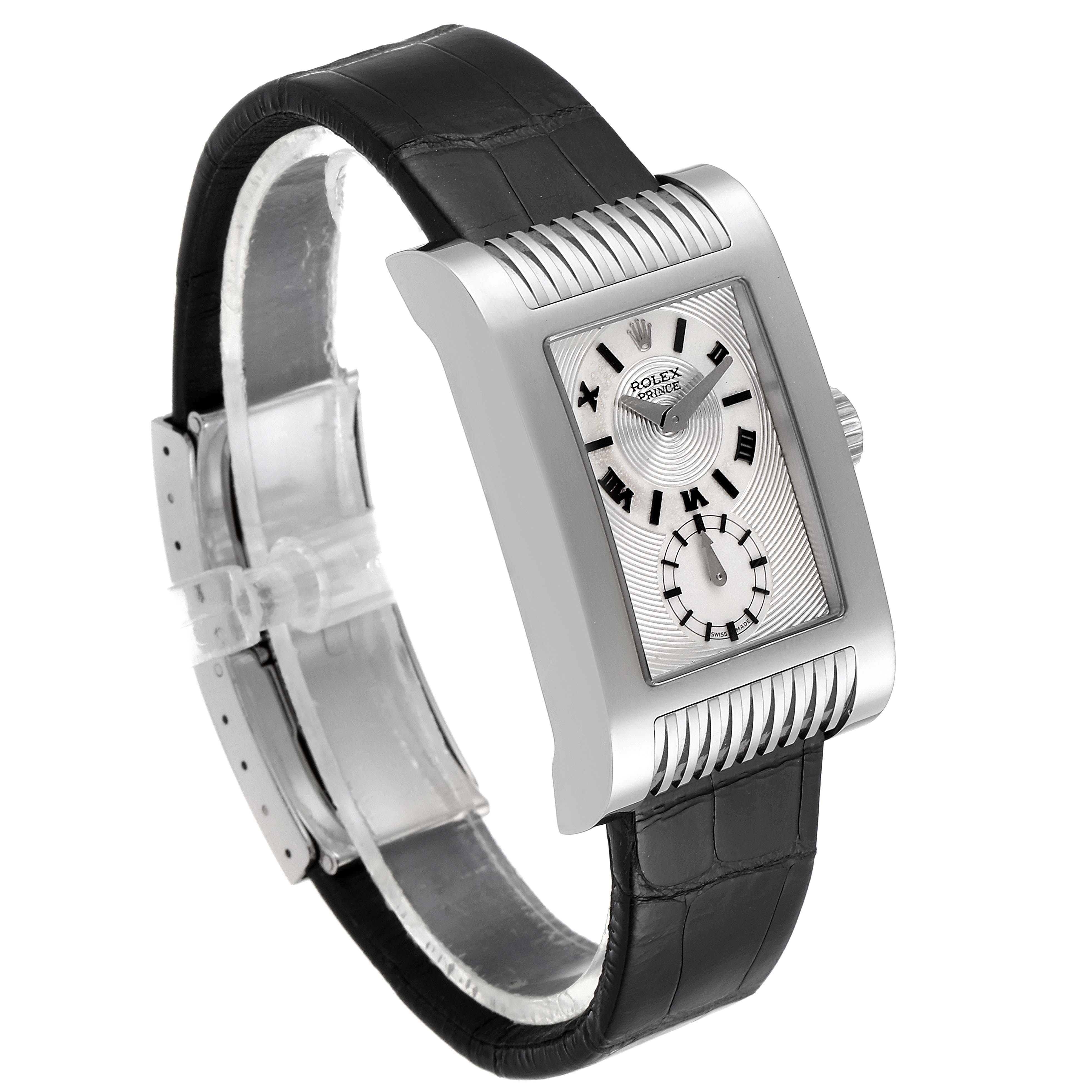 The image features a close-up of the Rolex Cellini 5441 Men's White Gold Silver Dial 5441 Men's White Gold Silver Dial watch, displaying the face, case, and black leather strap from a side angle.