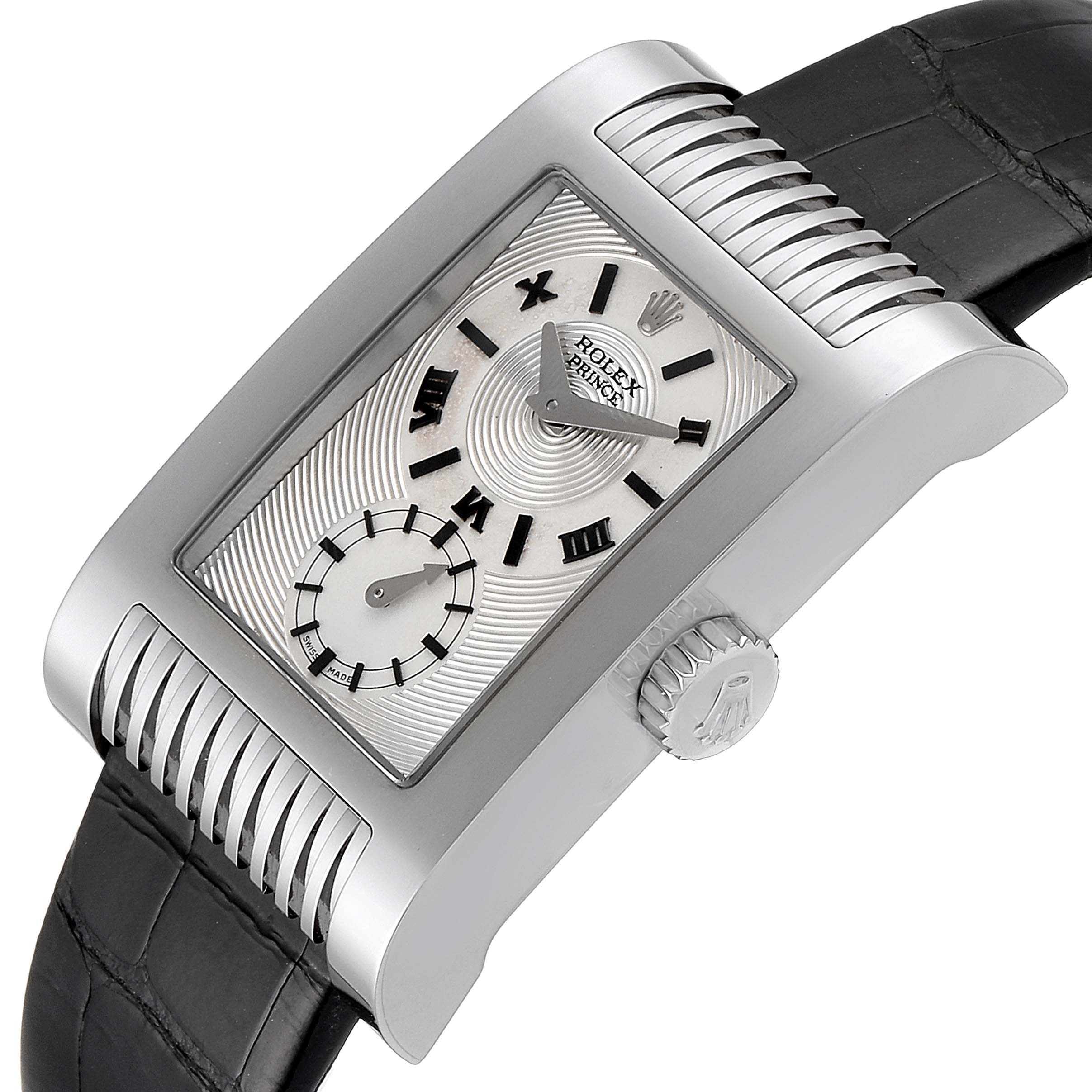 The image shows a Rolex Cellini 5441 Men's White Gold Silver Dial 5441 Men's White Gold Silver Dial model watch at an oblique angle, featuring its rectangular face, dial, crown, and leather strap.