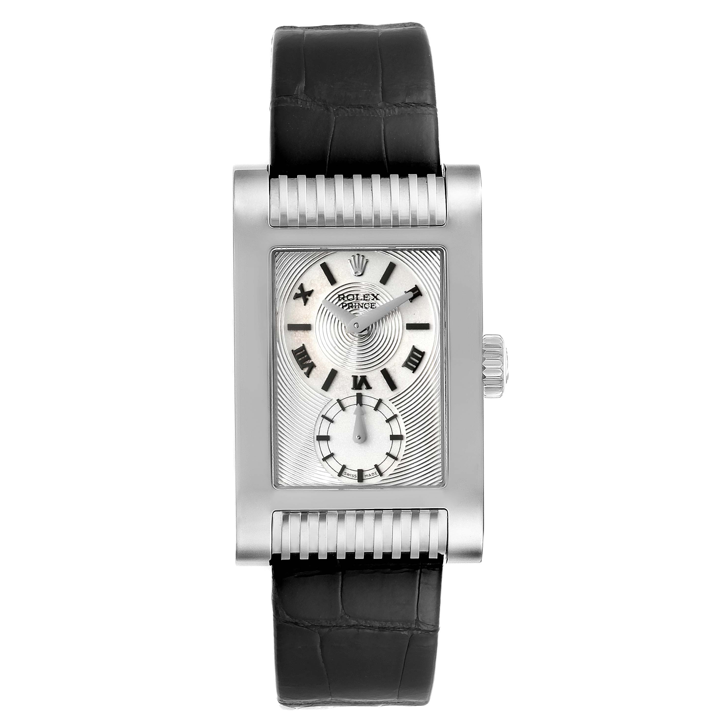 The Rolex Cellini 5441 Men's White Gold Silver Dial 5441 Men's White Gold Silver Dial watch is shown from a top view, displaying its rectangular face, black leather strap, and side crown.