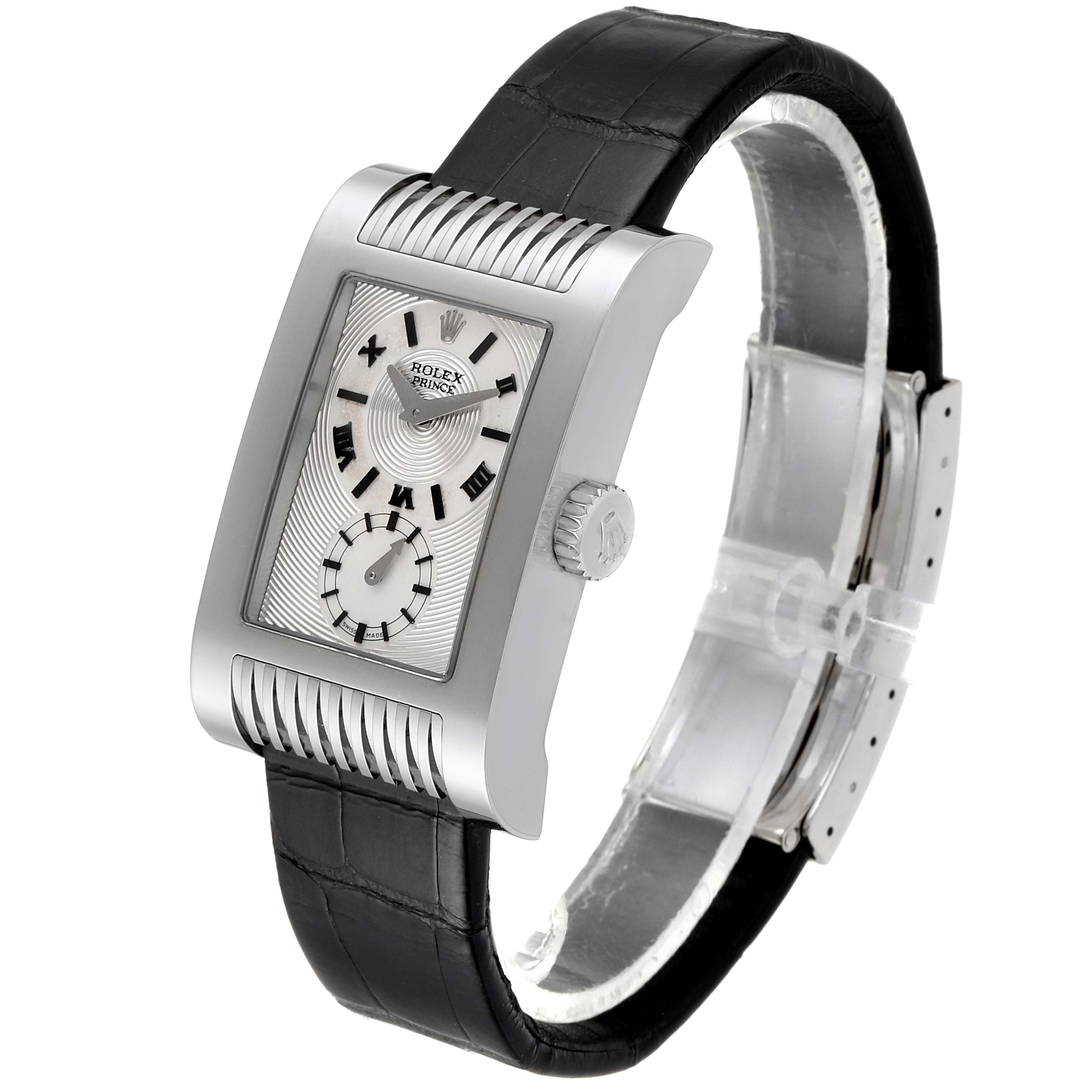 The image shows a side angle of a Rolex Cellini 5441 Men's White Gold Silver Dial 5441 Men's White Gold Silver Dial watch, highlighting its rectangular face, crown, and black leather strap.