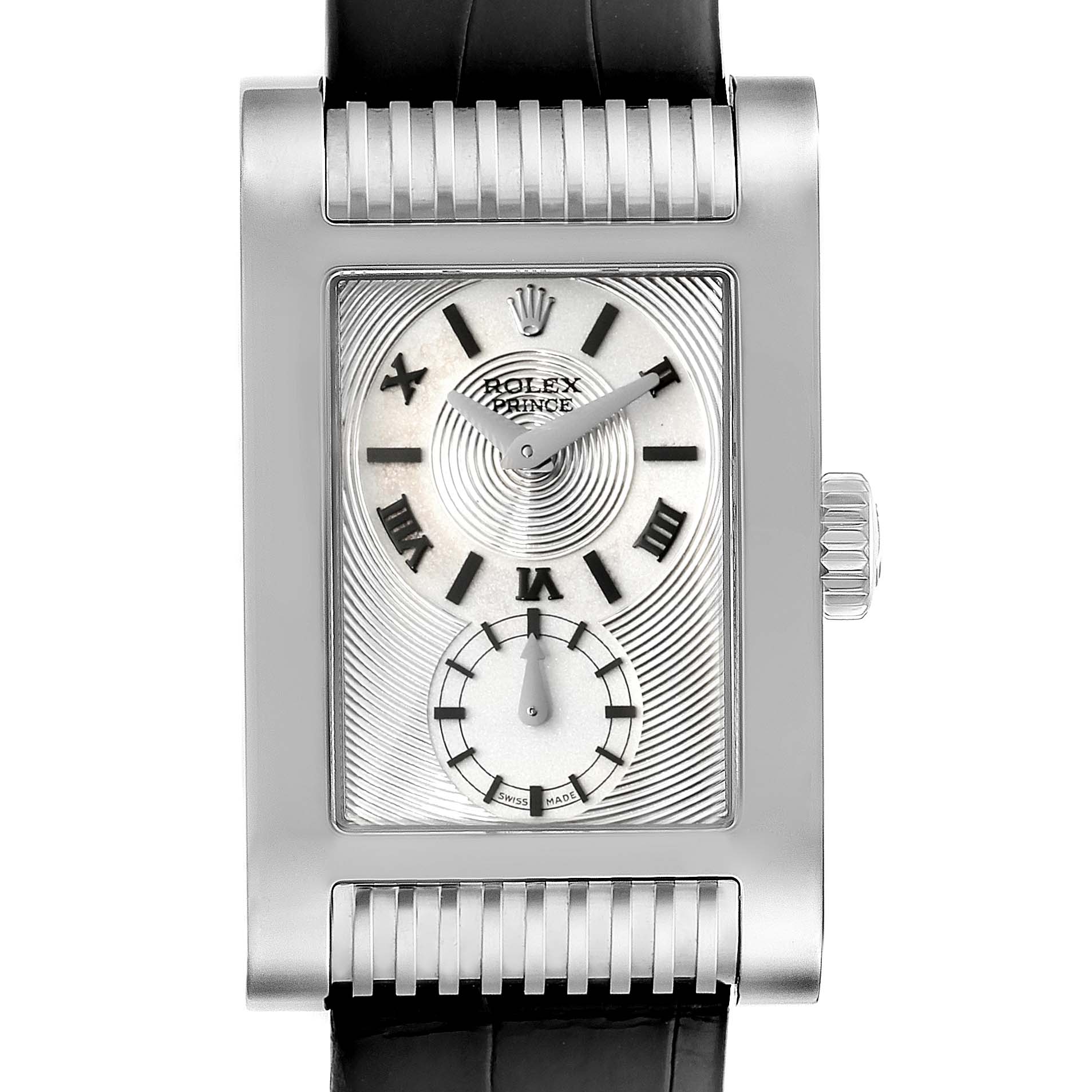 This image shows a front view of the Rolex Cellini 5441 Men's White Gold Silver Dial 5441 Men's White Gold Silver Dial Prince watch, displaying the rectangular dial, Roman numerals, and crown.