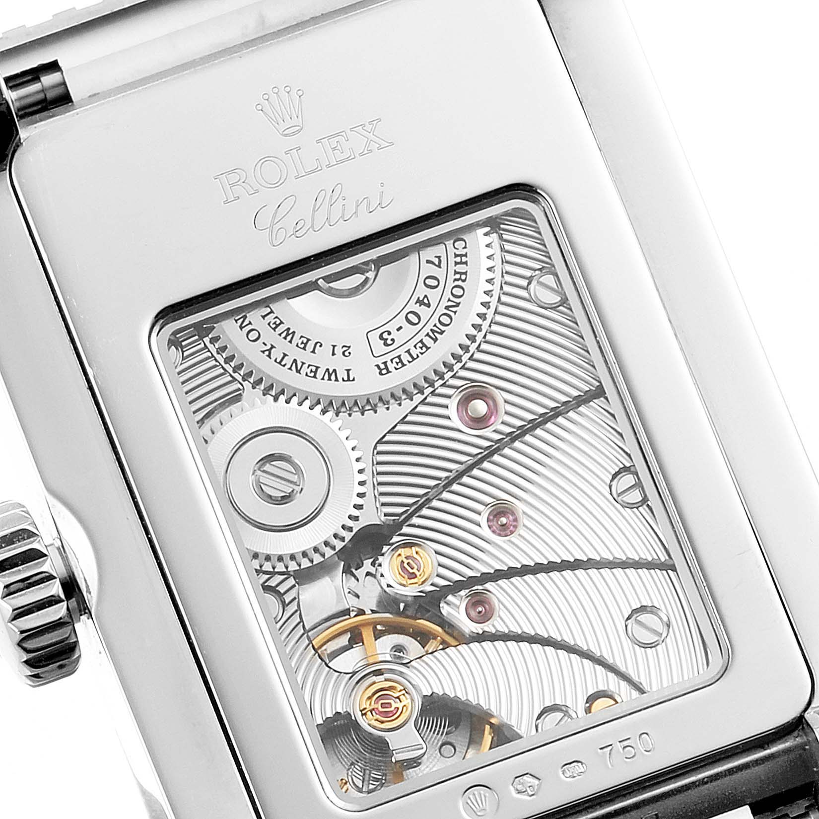 The image shows the back of the Rolex Cellini 5441 Men's White Gold Silver Dial 5441 Men's White Gold Silver Dial watch, highlighting its intricate movement and internal mechanism.