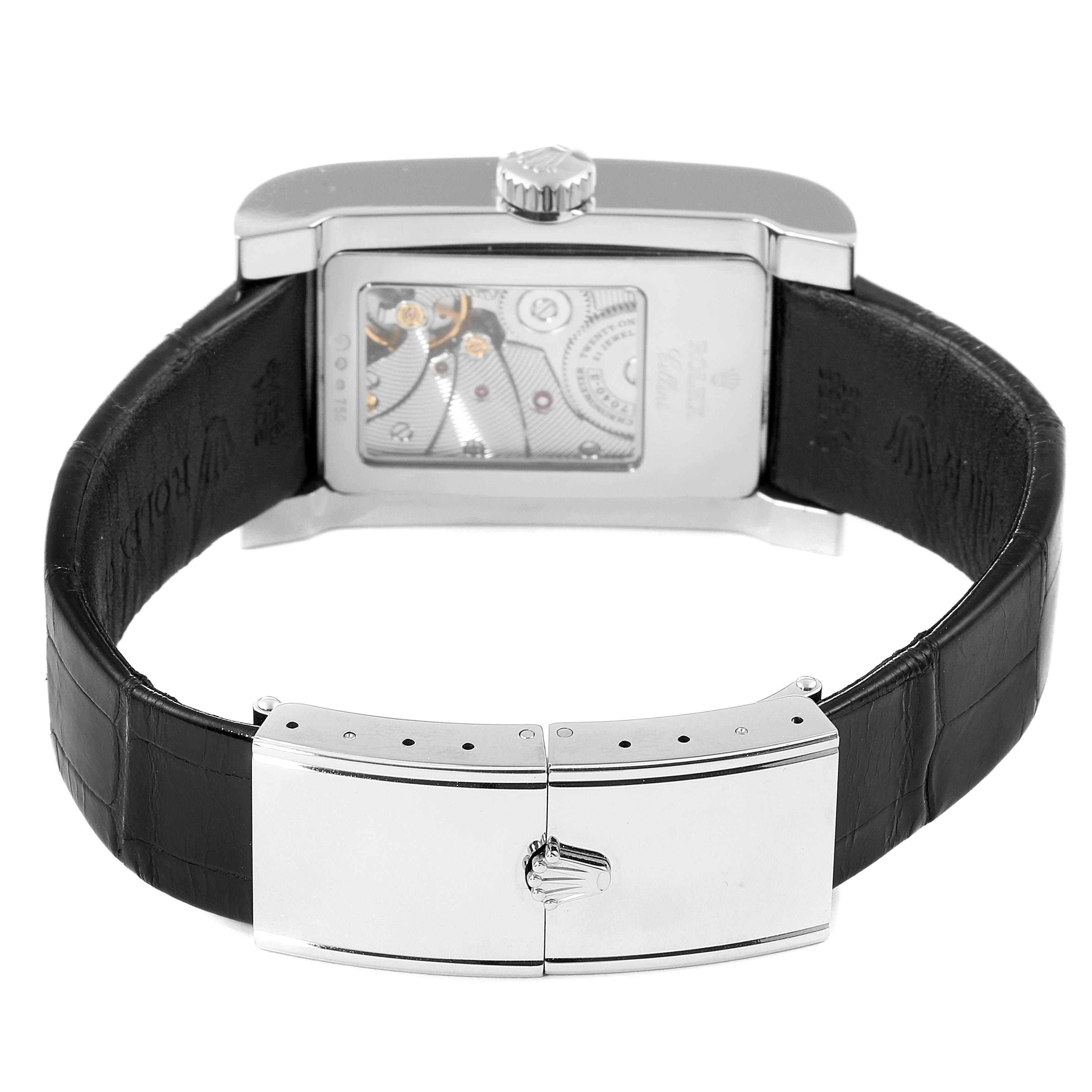 This image shows the back view of a Rolex Cellini 5441 Men's White Gold Silver Dial 5441 Men's White Gold Silver Dial watch, highlighting the leather strap and clasp.