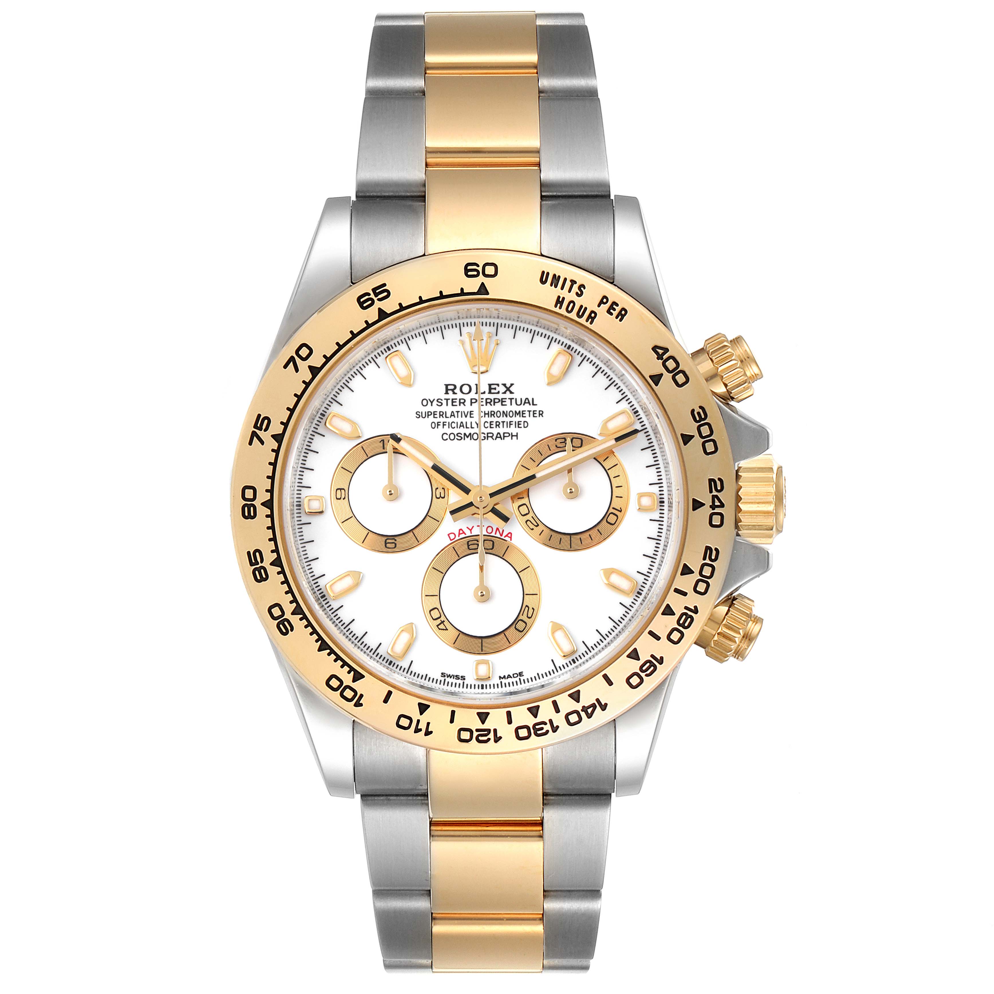 The image shows a front view of the Rolex Daytona 116503 Men
s Steel and Gold (two tone) White Dial 116503 Men
s Steel and Gold (two tone) White Dial, featuring a two-tone bracelet, tachymeter bezel, and three subdials.
