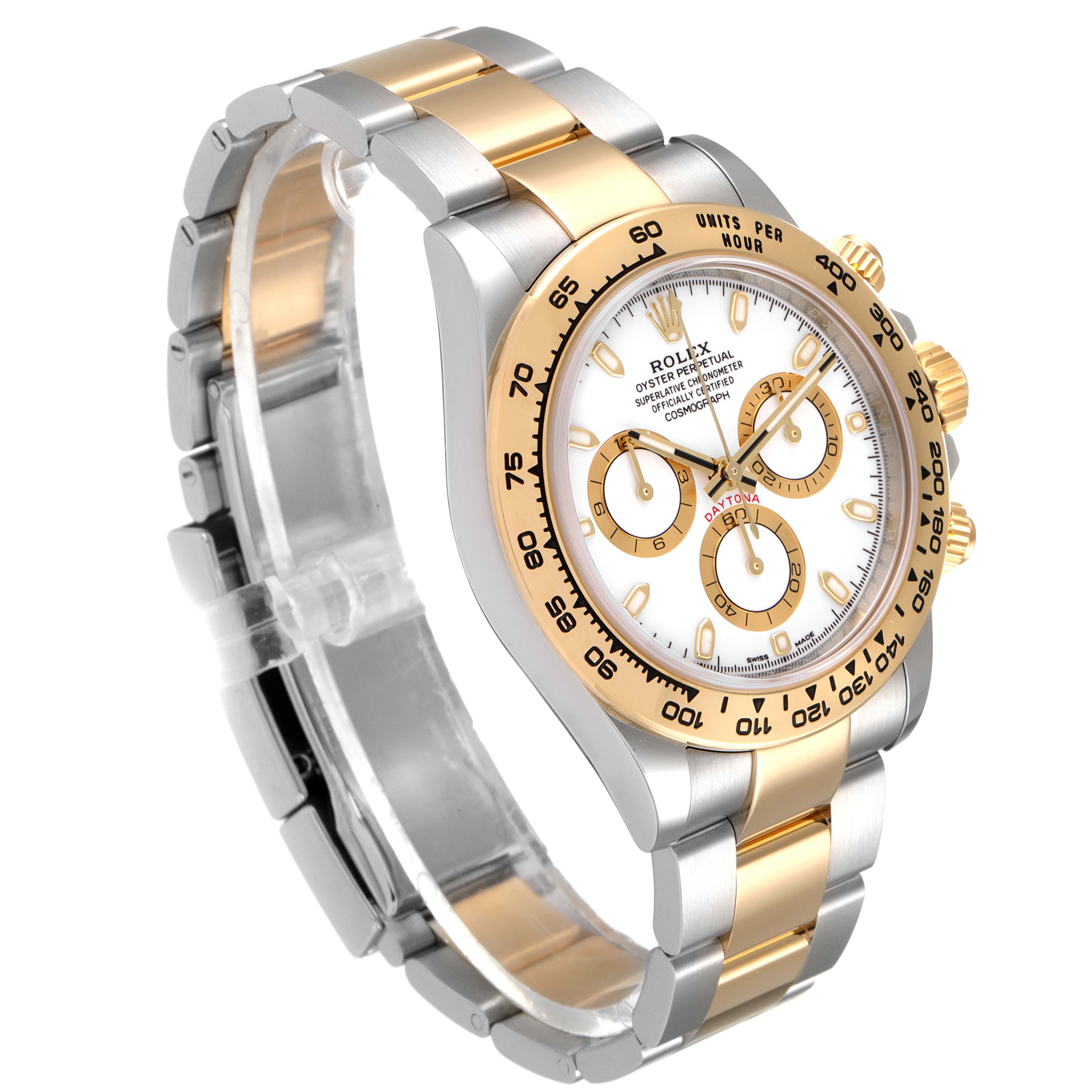 The image shows a Rolex Daytona 116503 Men
s Steel and Gold (two tone) White Dial 116503 Men
s Steel and Gold (two tone) White Dial watch angled to display its face, bezel, crown, and two-tone bracelet.