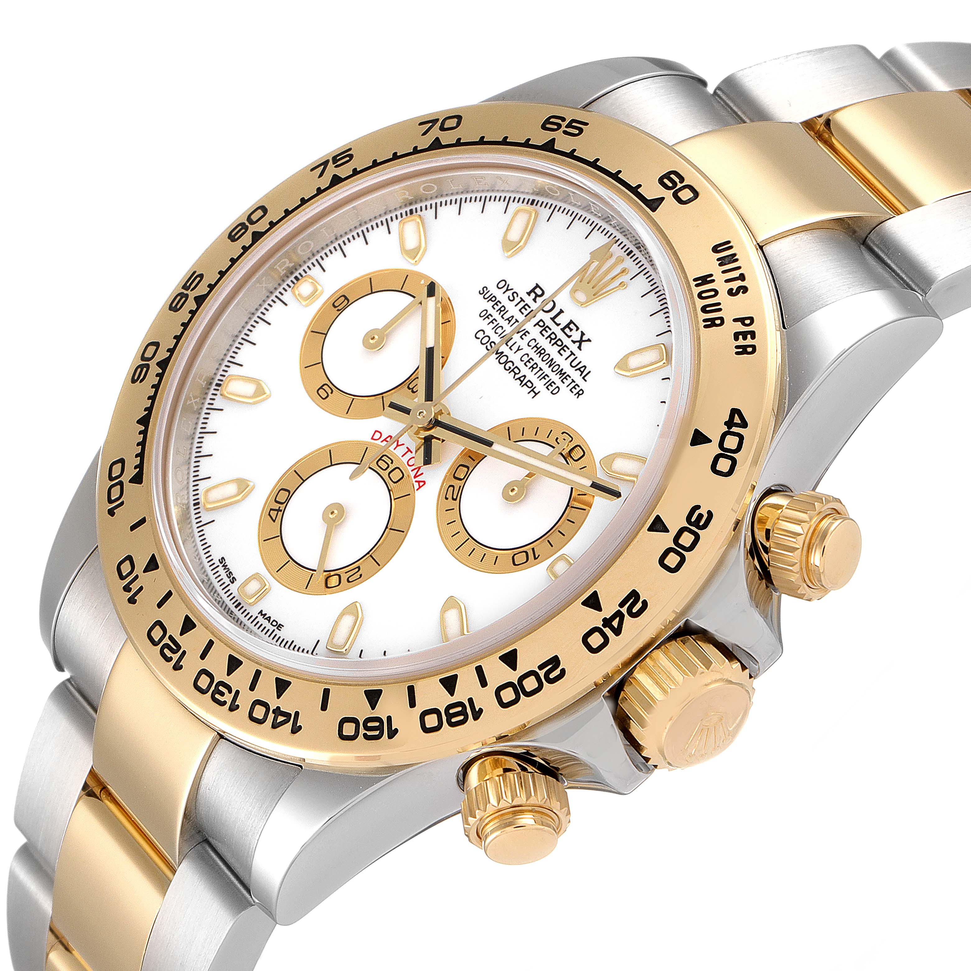 The image shows a close-up side angle of a Rolex Daytona 116503 Men
s Steel and Gold (two tone) White Dial 116503 Men
s Steel and Gold (two tone) White Dial watch, highlighting the bezel, dial, and crown.