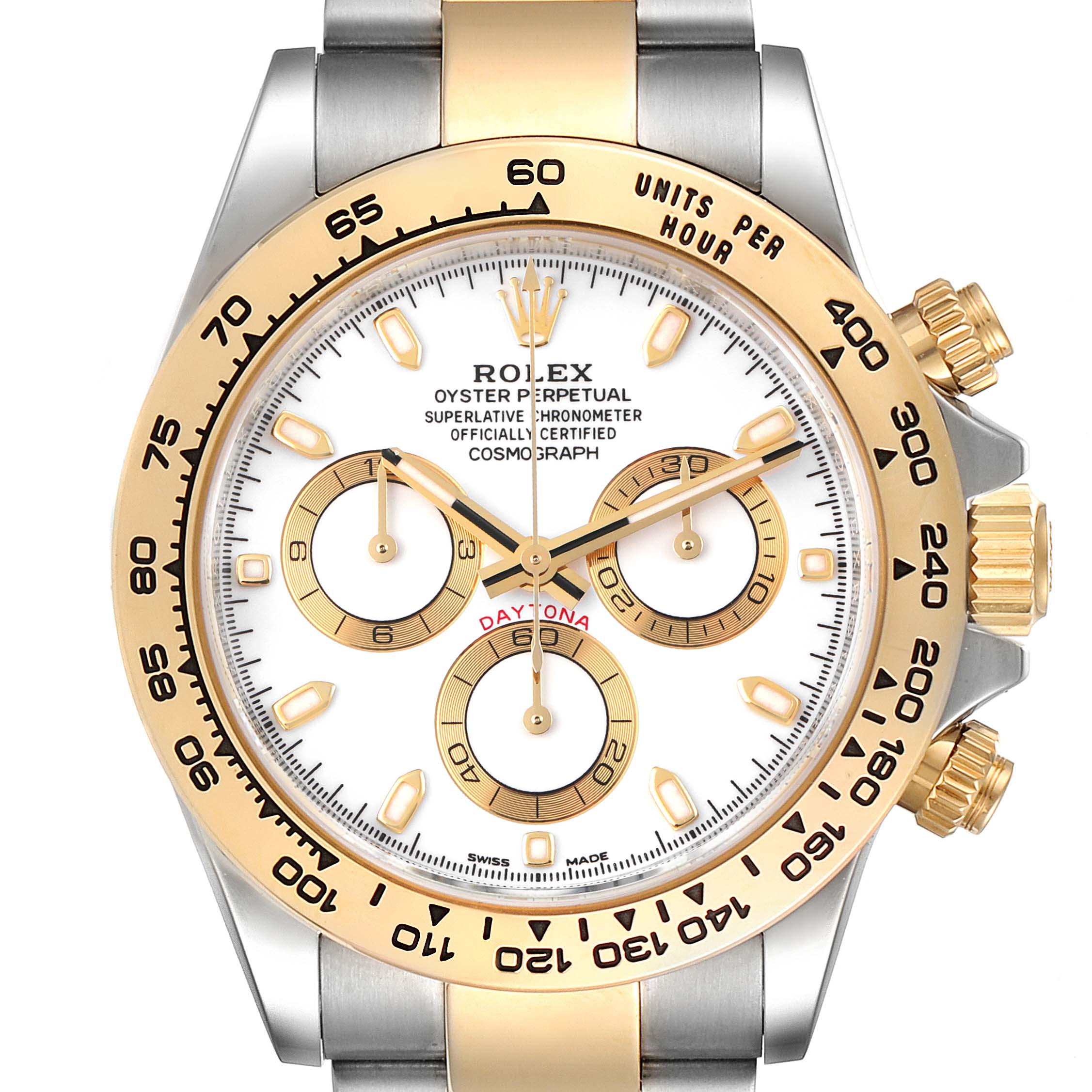 The Rolex Daytona 116503 Men
s Steel and Gold (two tone) White Dial 116503 Men
s Steel and Gold (two tone) White Dial watch is shown from a top-down angle, highlighting the face, bezel, and crown.