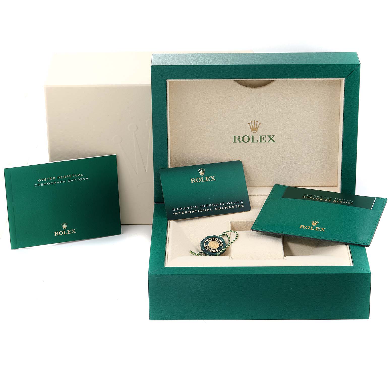 This image shows the packaging, manuals, and guarantee cards for a Rolex Daytona 116503 Men
s Steel and Gold (two tone) White Dial 116503 Men
s Steel and Gold (two tone) White Dial watch.