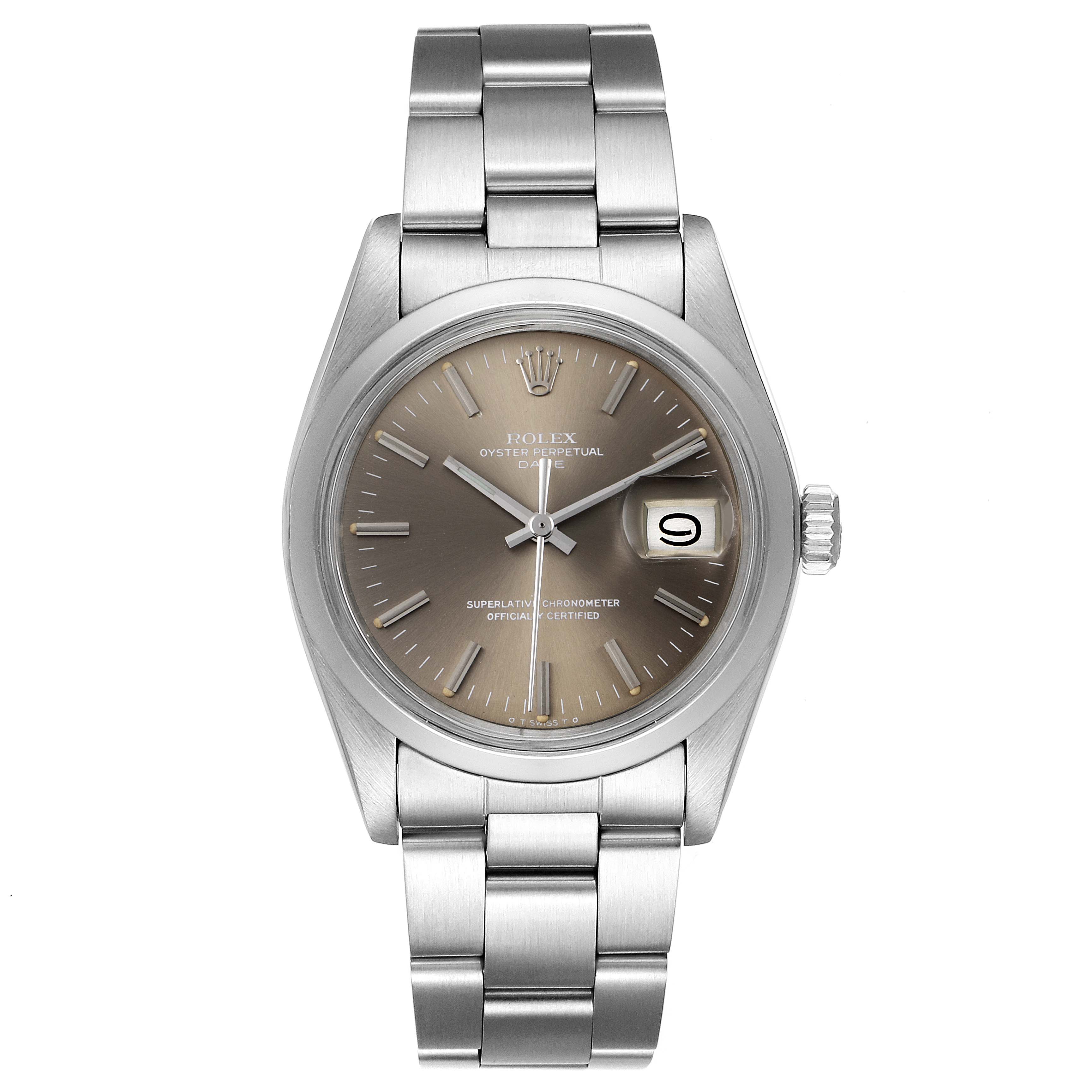 The Rolex Vintage Collection 1500 Men's Stainless Steel Grey Dial 1500 Men's Stainless Steel Grey Dial watch is shown from a top angle, highlighting the face, bracelet, and side crown.