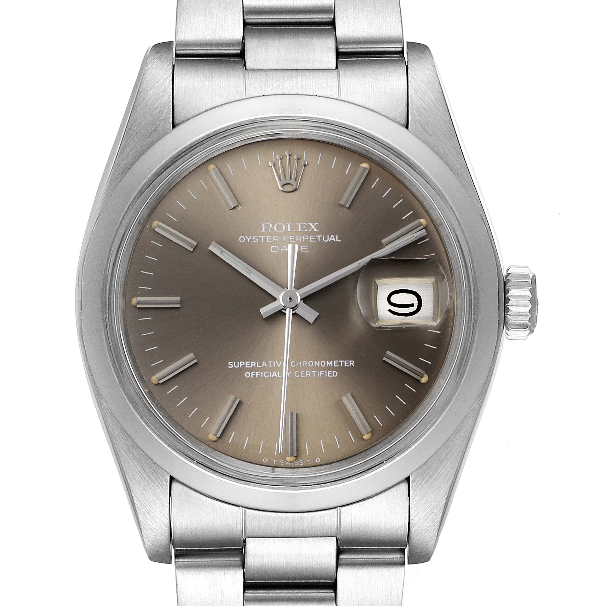 The image shows a Rolex Vintage Collection 1500 Men's Stainless Steel Grey Dial 1500 Men's Stainless Steel Grey Dial model with a front view focusing on its dial, bezel, and part of the bracelet.
