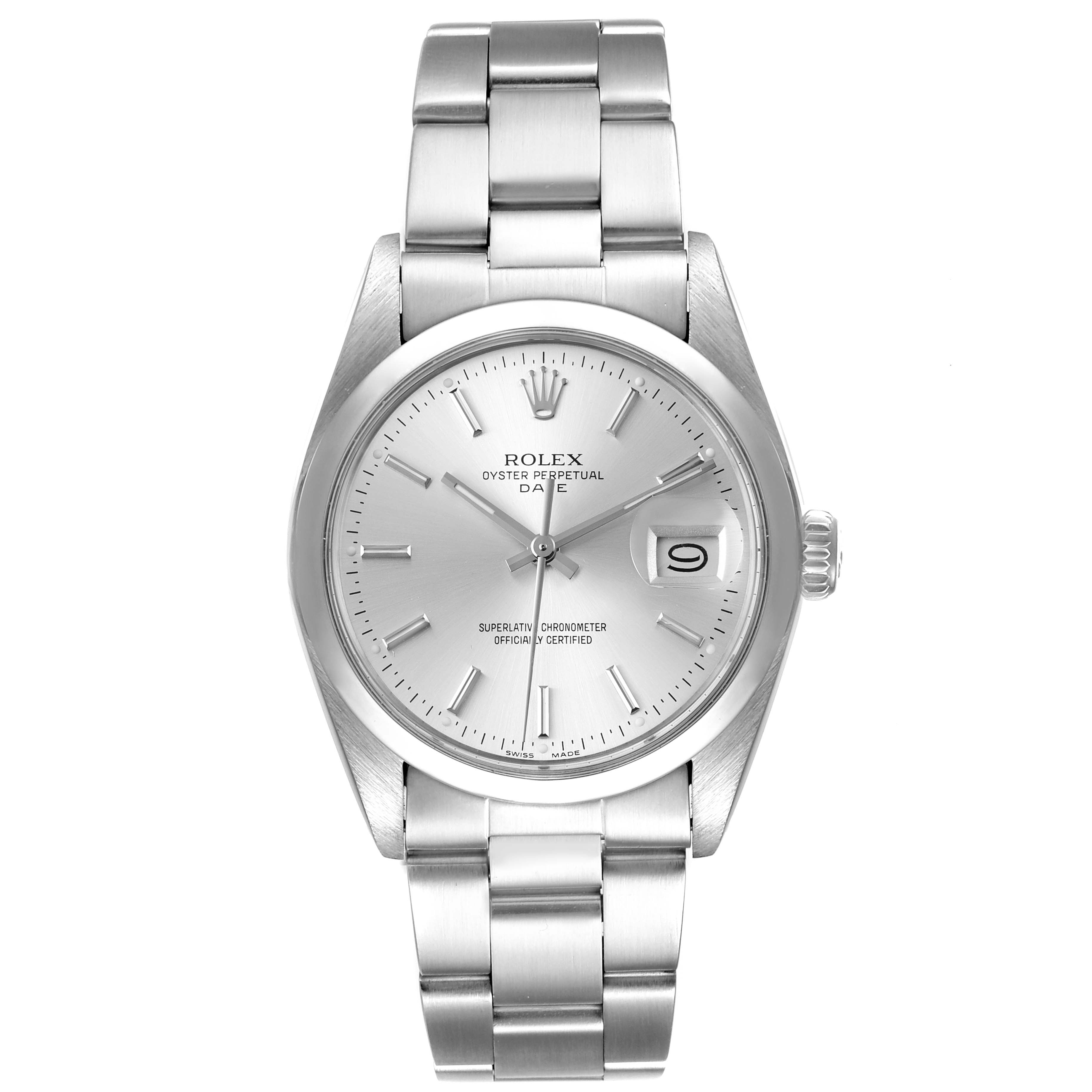 The image shows the Rolex Vintage Collection 15000 Men's Stainless Steel Silver Dial 15000 Men's Stainless Steel Silver Dial watch from a front angle, highlighting its face, dial, bracelet, and winding crown.