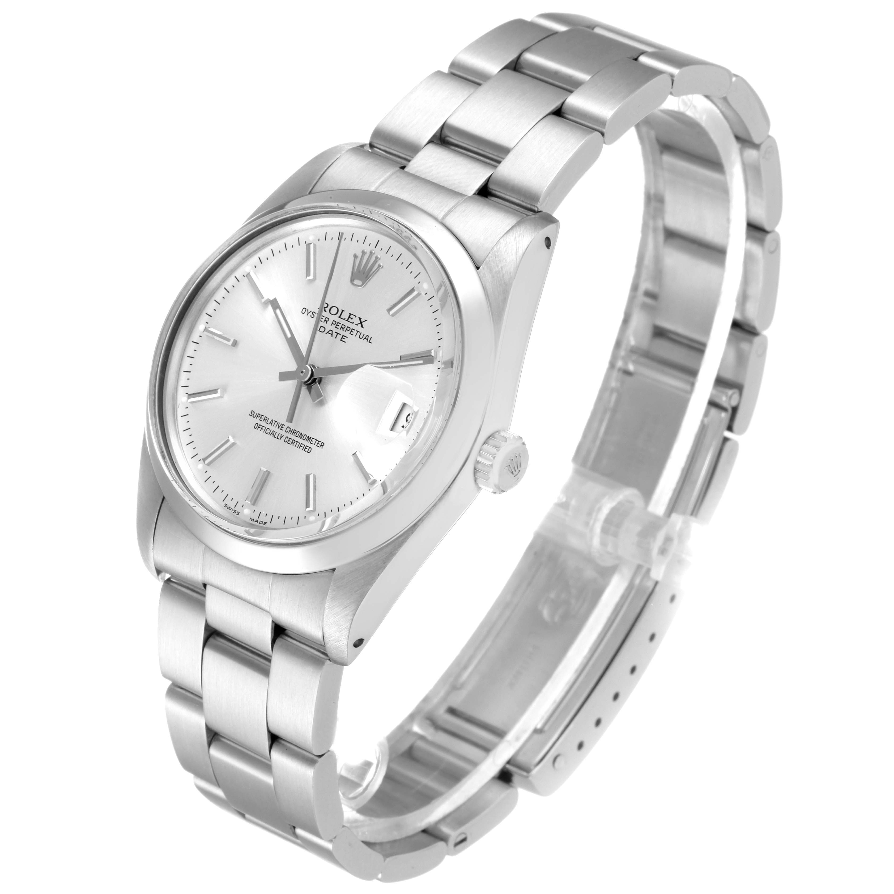 This image displays a Rolex Vintage Collection 15000 Men's Stainless Steel Silver Dial 15000 Men's Stainless Steel Silver Dial watch at a three-quarter angle showing the front face, bezel, bracelet, and clasp.